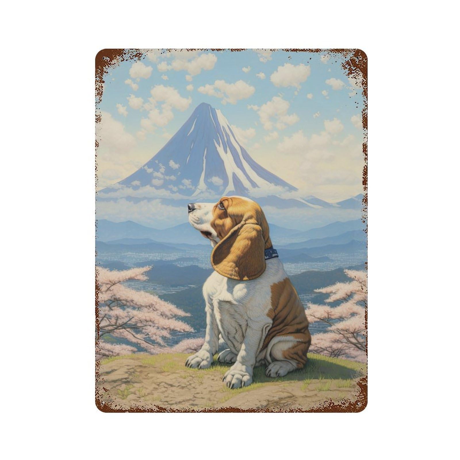 Basset Hound Mount Fuji Rusty Metal Tin Sign 15.7"x11.8", Ideal for Farmhouse, Kitchen And Entryway Decor