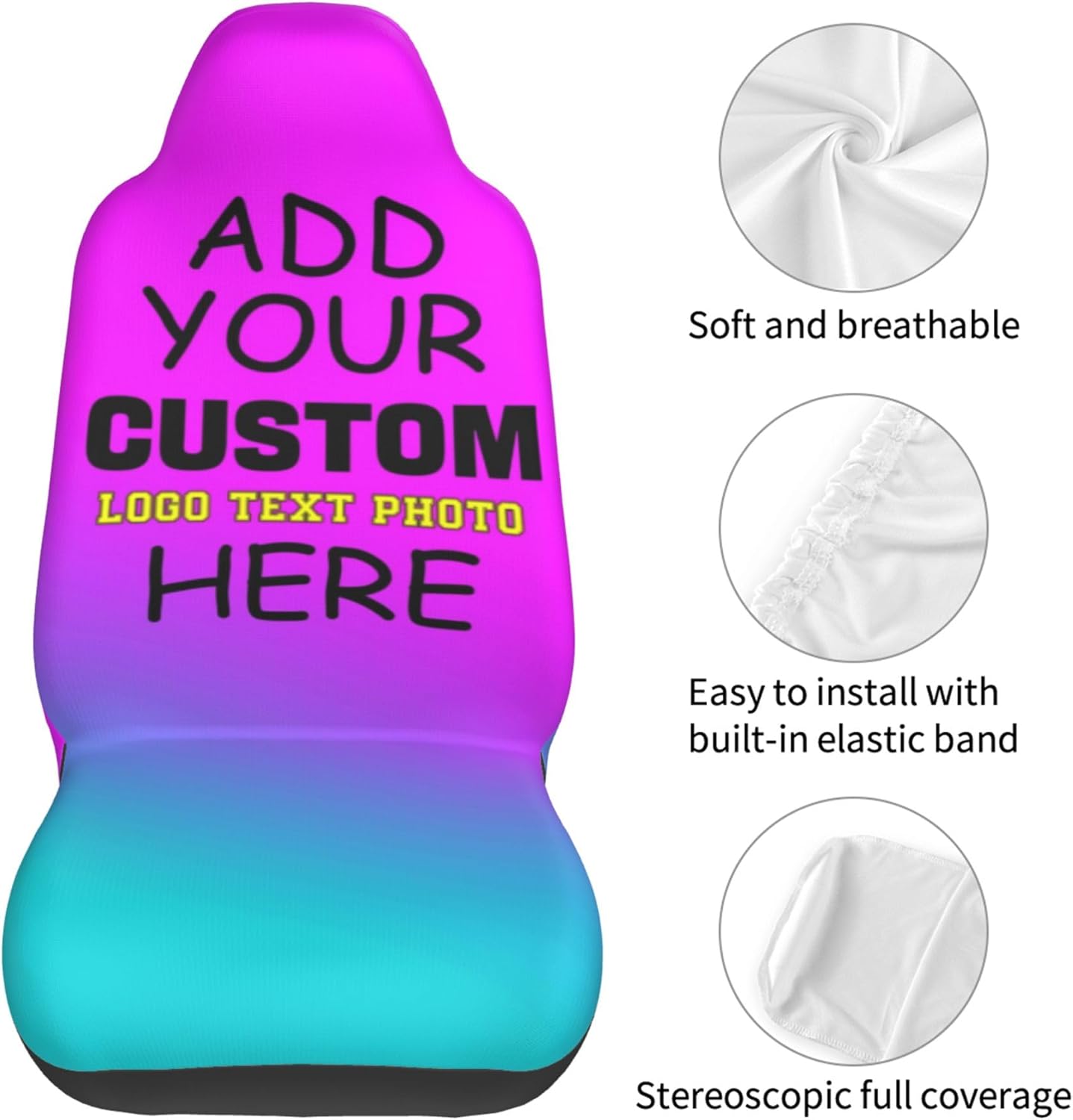 Custom Seat Covers 2 Pack,Personalize Your Car Seat Cover Add Your Photo Text Interior Front Seat Protector Cover Universal Fits for Cars Trucks SUV Van Sedan