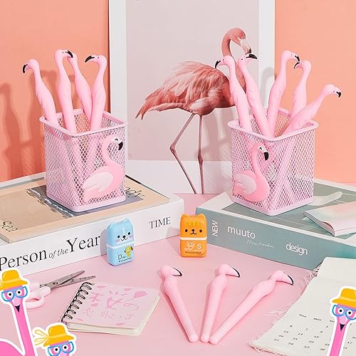 Miniatura 7 de Henoyso 14 soportes de metal para lápices de flamenco, lindo soporte para bolígrafo rosa, bolígrafos de tinta rosa, vasos cuadrados para escritorio,