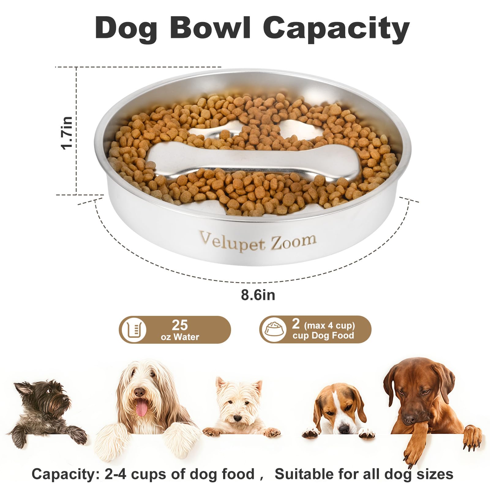 Slow Feeder Dog Bowls,Non-Slip Base Stainless Steel Pet Food Bowls,2 Cups Metal Dog Slow Feeder Bowl for Large Medium Breed,Double-Sided - image 2