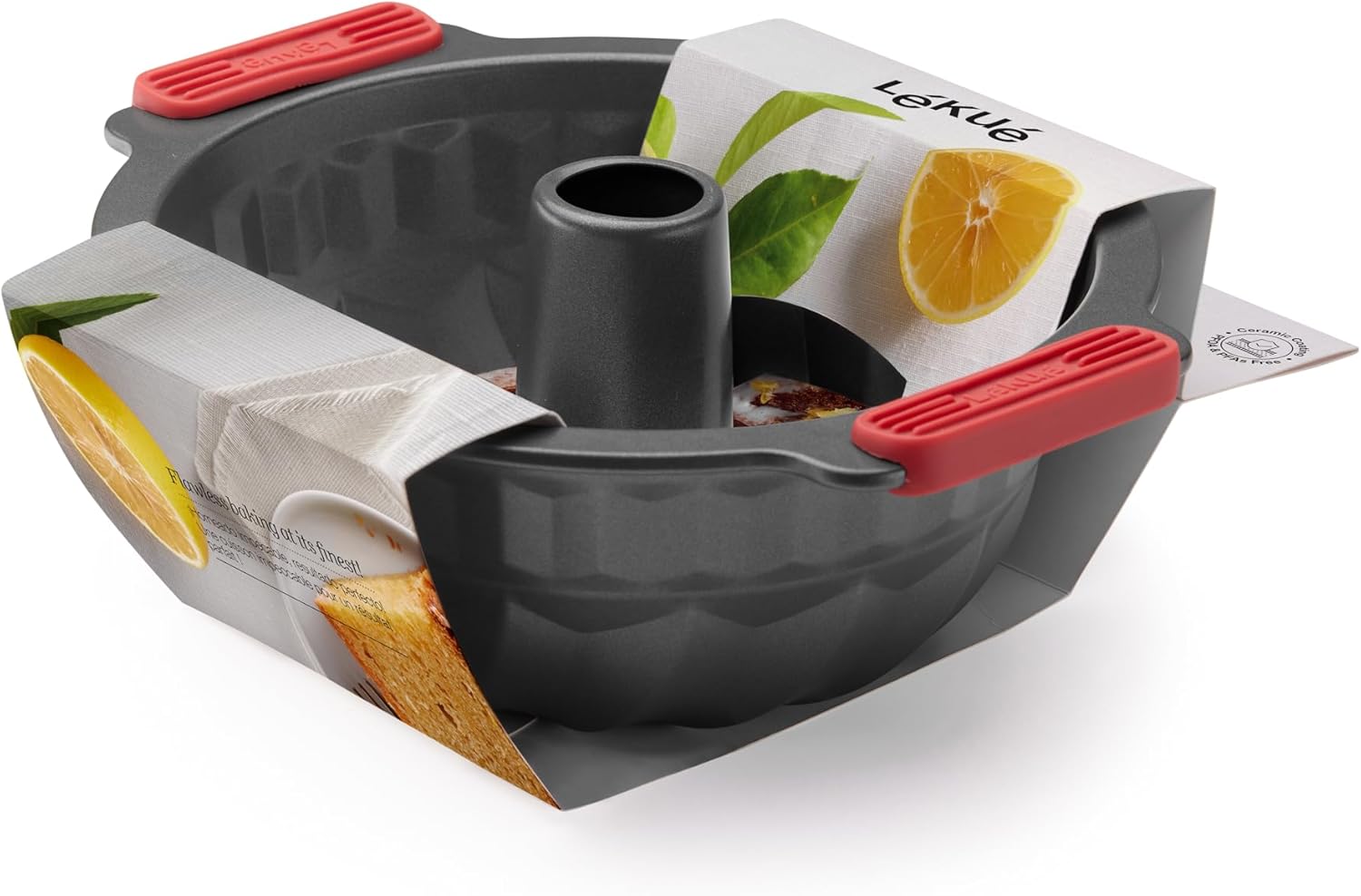 Lékué Non-Stick Round Bundt Cake Mold - Carbon Steel Oven Baking Pan with Platinum Silicone Handles, Even Heat, Dual Non-Stick Ceramic Coating, Scratch Resistant, PFOA & PFA-Free, 11.7 x 10.4 x 4.6"