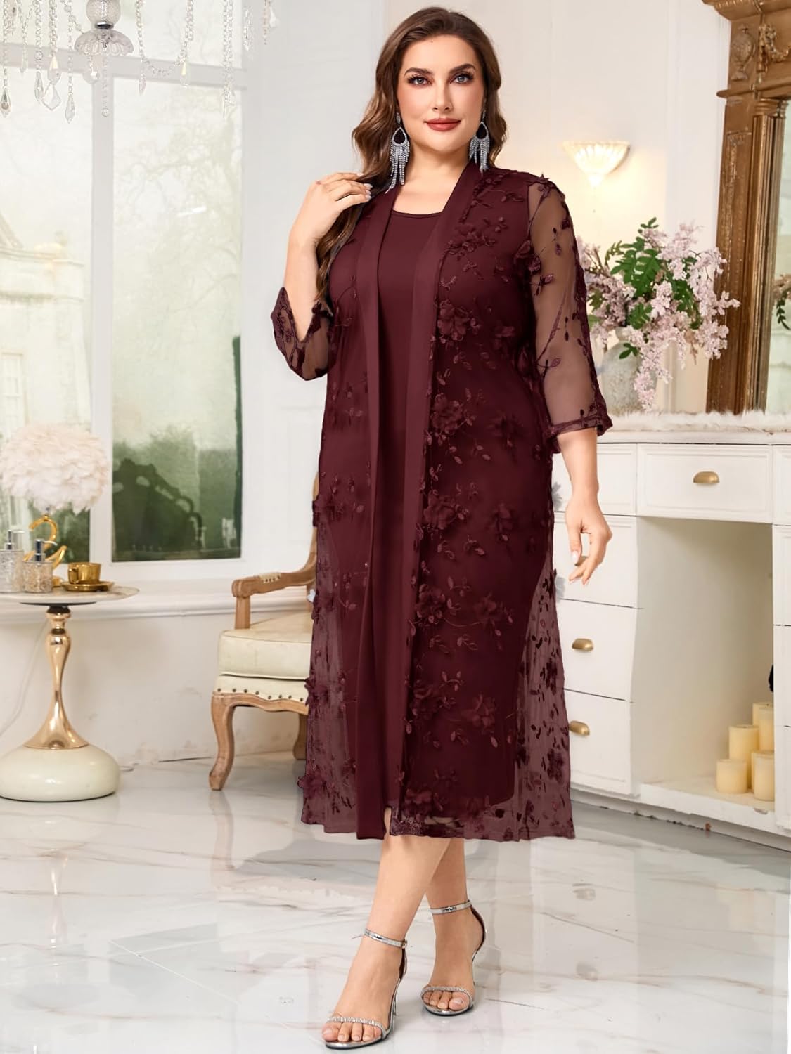 Plus Size Mother of The Bride Formal 2 Piece Dress Set with 3D Floral Mesh Jacket Dressy Suit Outfits Guest - Image 5