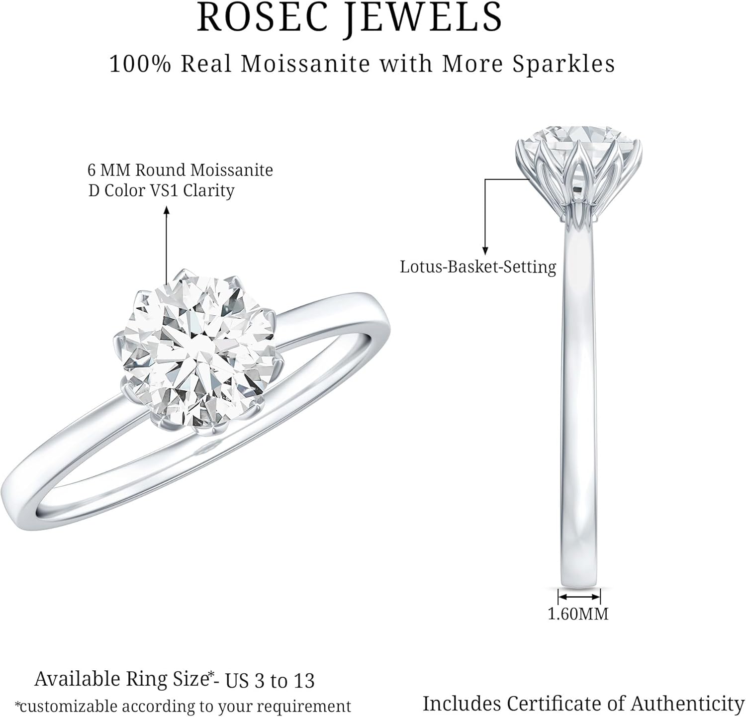Mothers Day Gift, Certified 0.9 Carat Moissanite Engagement Ring, D-Vs1 Quality, Moissanite Solitaire Ring