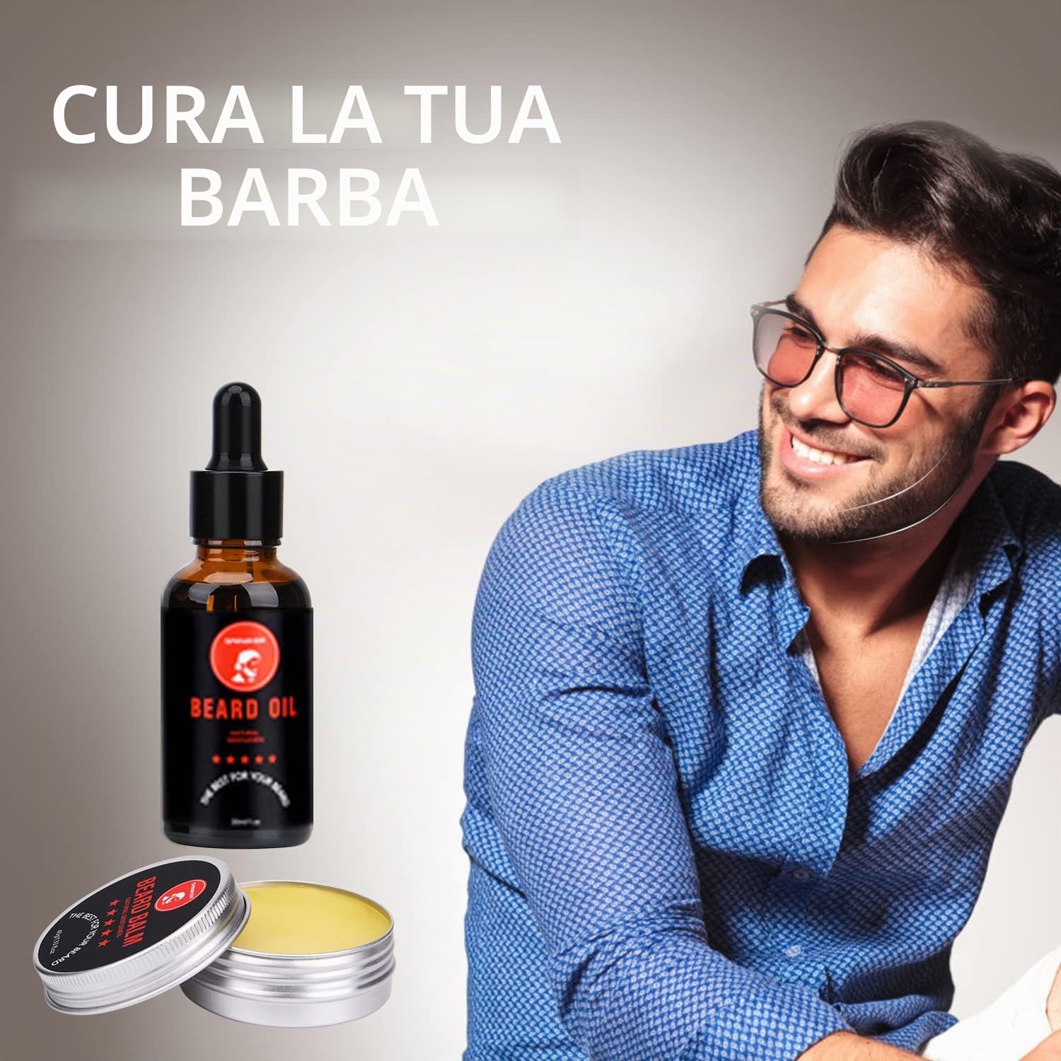 Kit Barba Uomo con Olio per Barba, Crema per Barba, Detergente per Barba, Spazzola per Barba, Pettine per Barba, Forbici per Barba Set Barba Uomo e Accessori Barba