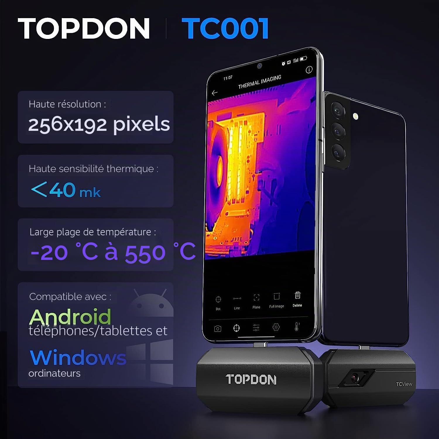 TOPDON Camera Thermique Android TC001 512x384 IR Résolution, Thermique Plage de Température: -20°C à +550°C pour Smartphones et Tablettes Gris