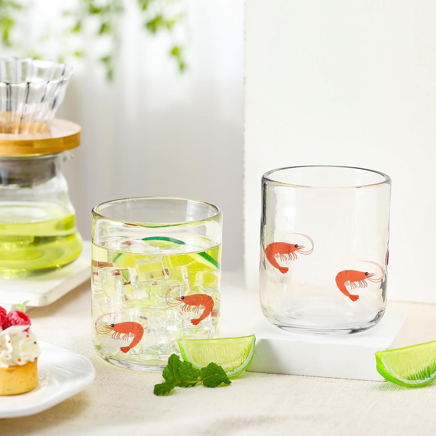 Funnymoom 2 PCS Icon Juice Glasses - 14oz Old Fashioned Icon Stemless Wine Drinking Juice Cocktail Coffee Glasses Cups for Women Home Summer Party Supplies Gift(Shrimp Style)