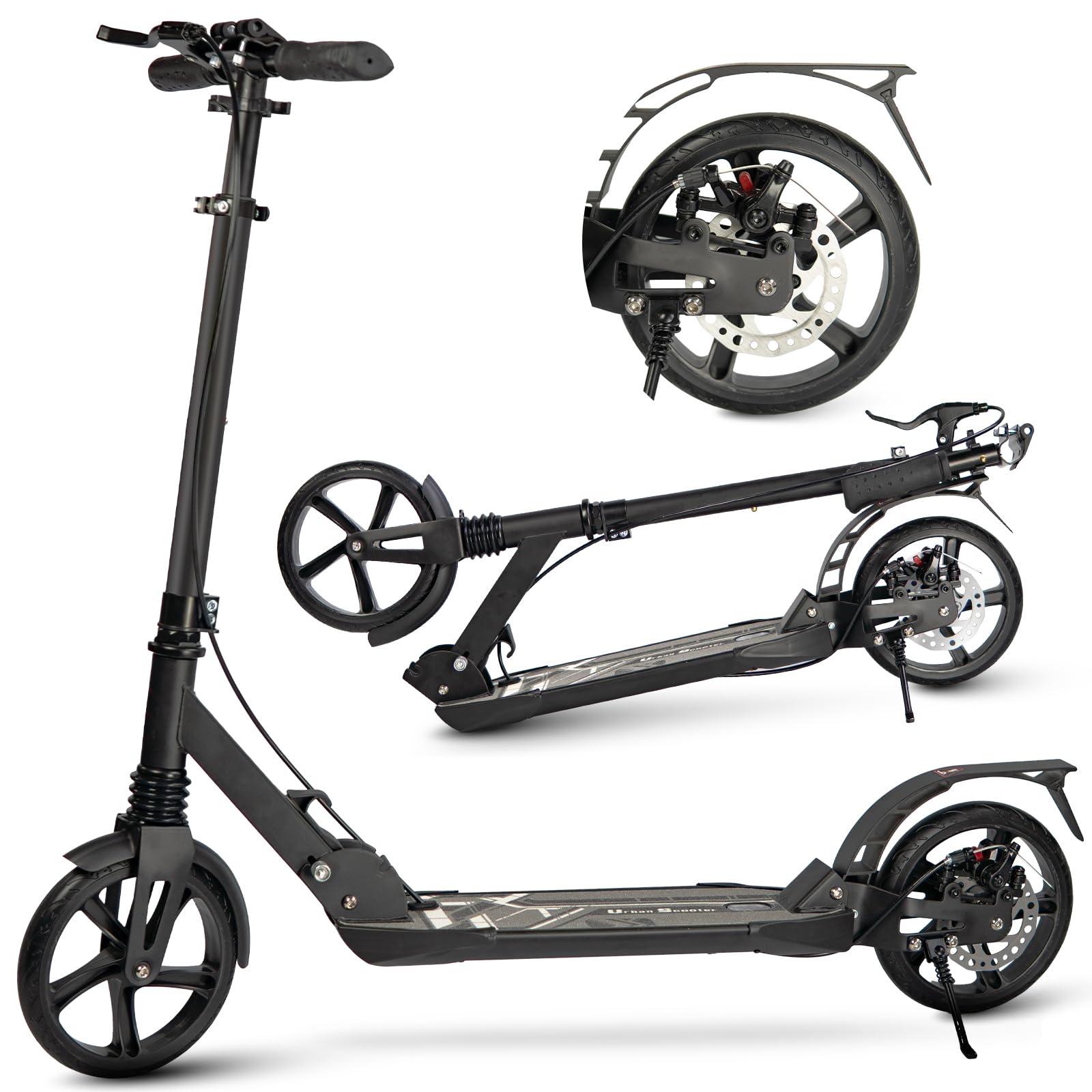 Uluck Adult Kick Scooter, 200mm Big Wheels with Disc Brakes, Adult Scooter with Carry Strap and Double Shock Absorption, Foldable Scooters for Teenagers (black)