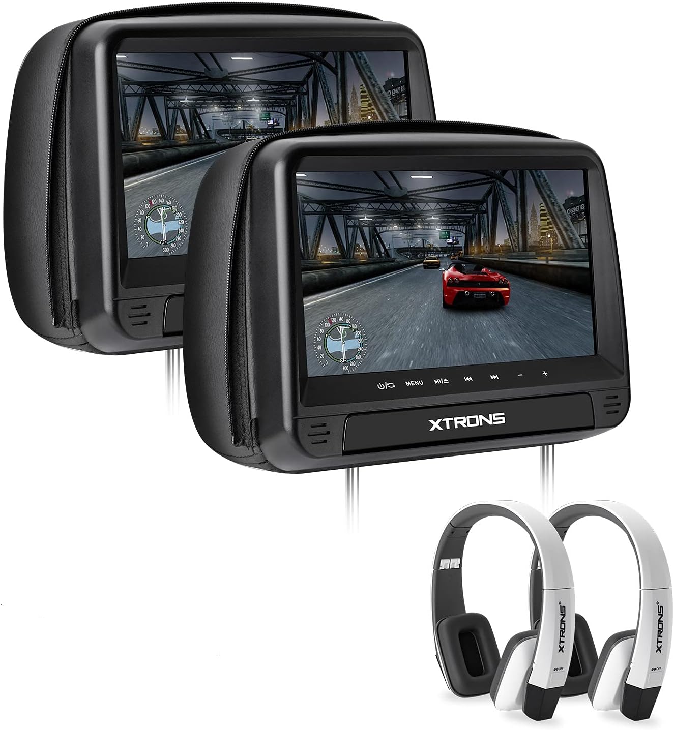 XTRONS® 2x9 Inch Pair HD Digital Touch Panel Leather Cover Car Auto Headrest DVD Player Games Built-in HDMI Port Headphones (HD923Black+DWH006x2)
