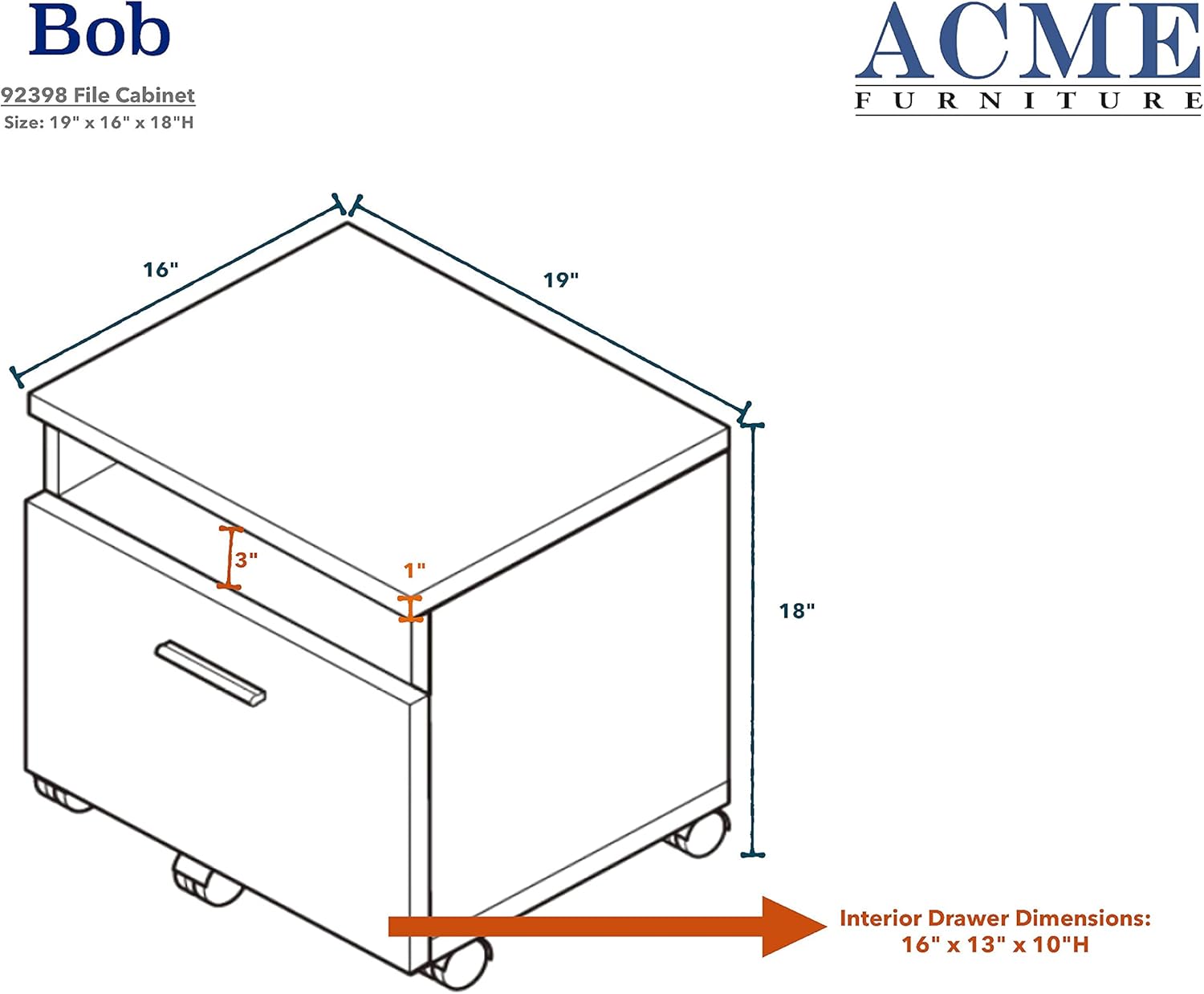 Storage Cabinet with 1 Open Compartment, 1 Drawer and Caster Wheels, Wood Rectangular File Cabinet, 19" x 16" x 18"H