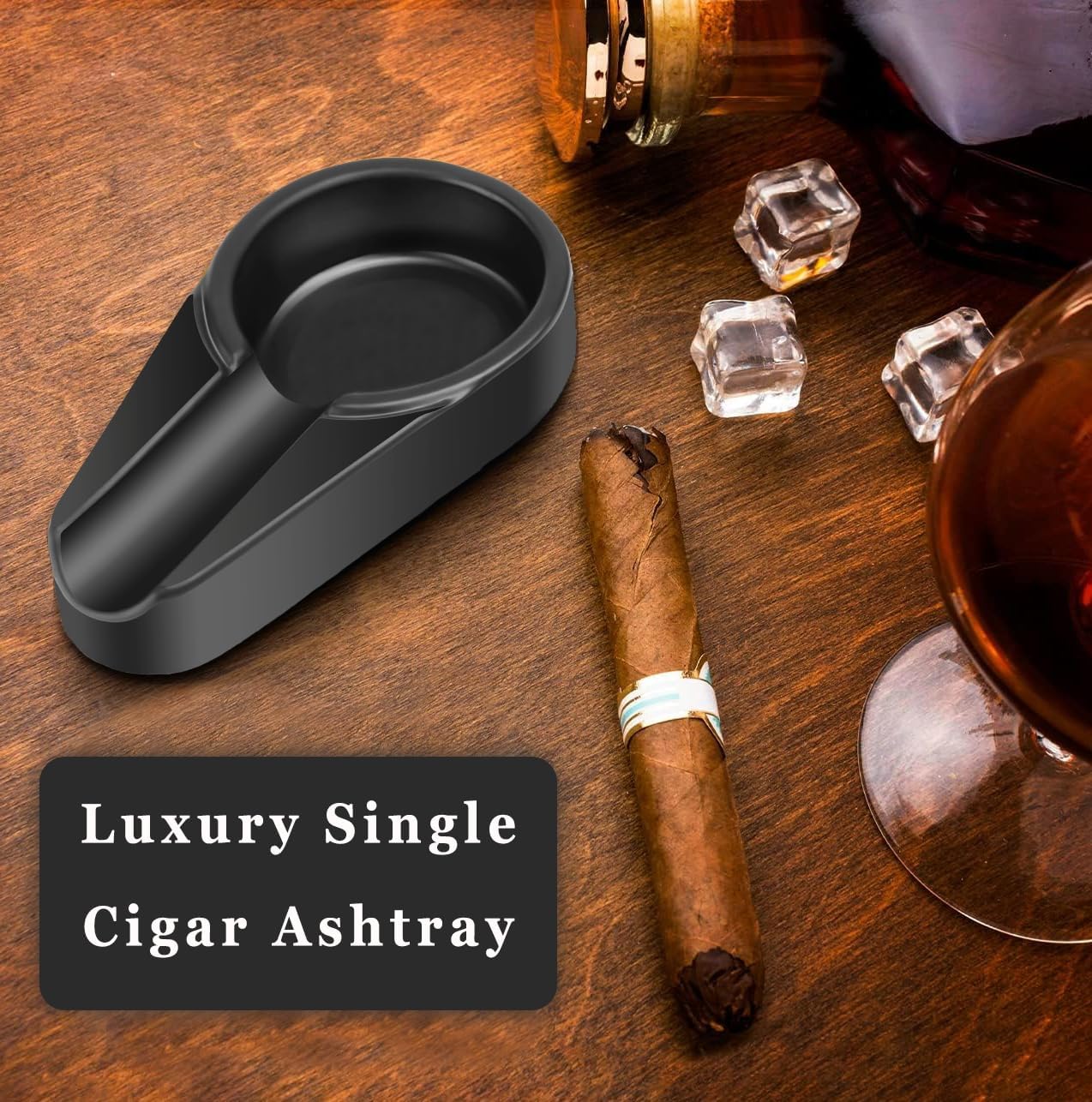 Cigarette Ashtray Lightweight and Portable Ceramic Material Non-Slip Base Black Single-Cigar Ash Collector