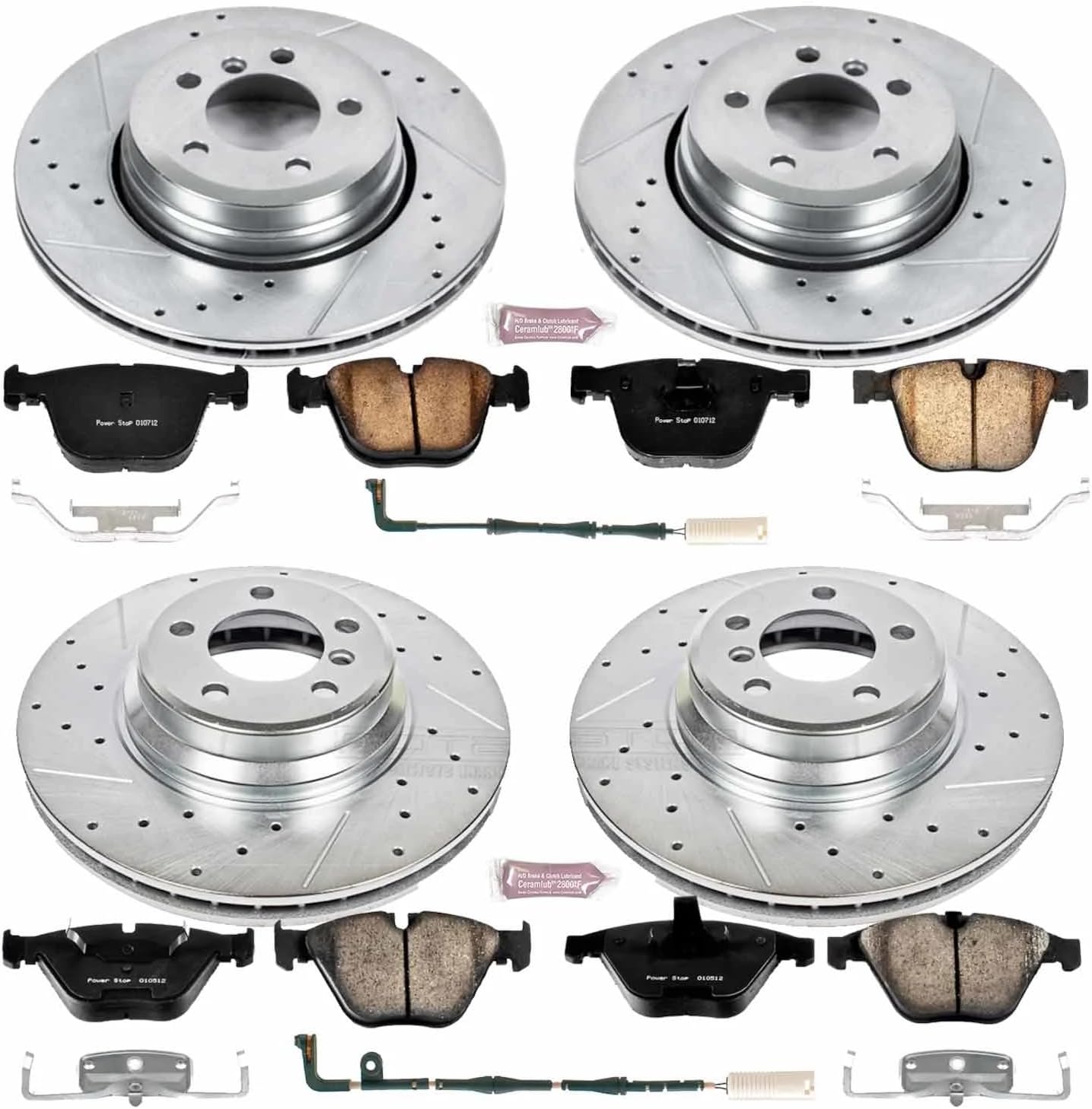 Power Stop K4479 Front and Rear Z23 Carbon Fiber Brake Pads with Drilled & Slotted Brake Rotors Kit and 1 Front & 1 Rear Sensor Wires For BMW 750Li, BMW 750i, BMW 760Li, BMW 760i [Model Specific]