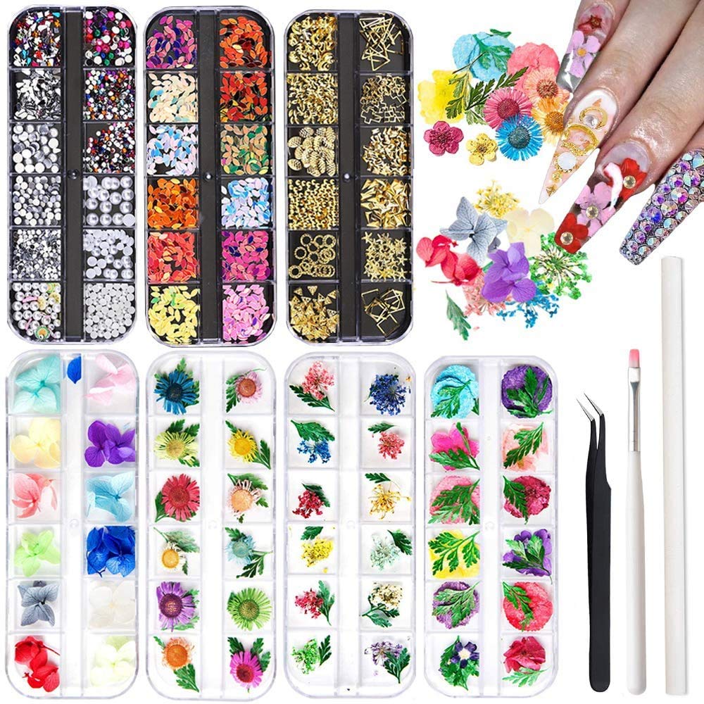 Kalolary 4 Boxen Natürliche Blumen Nail Art Aufkleber, 3