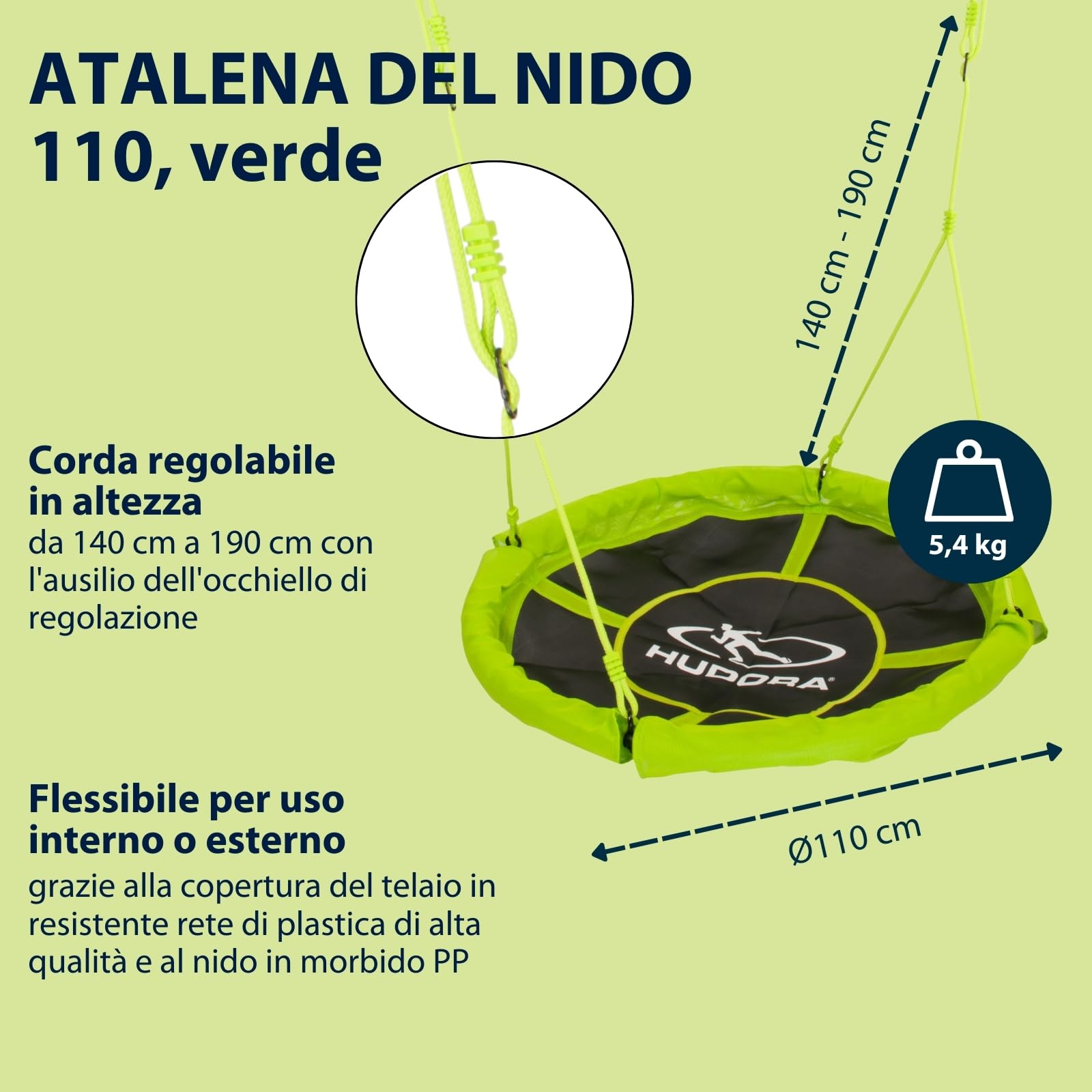 HUDORA Altalena a nido 110 - altalena in plastica verde/arancione fino a 100kg - altalena con diametro di 110cm per interni ed esterni - Altalena familiare regolabile per bambini e adulti