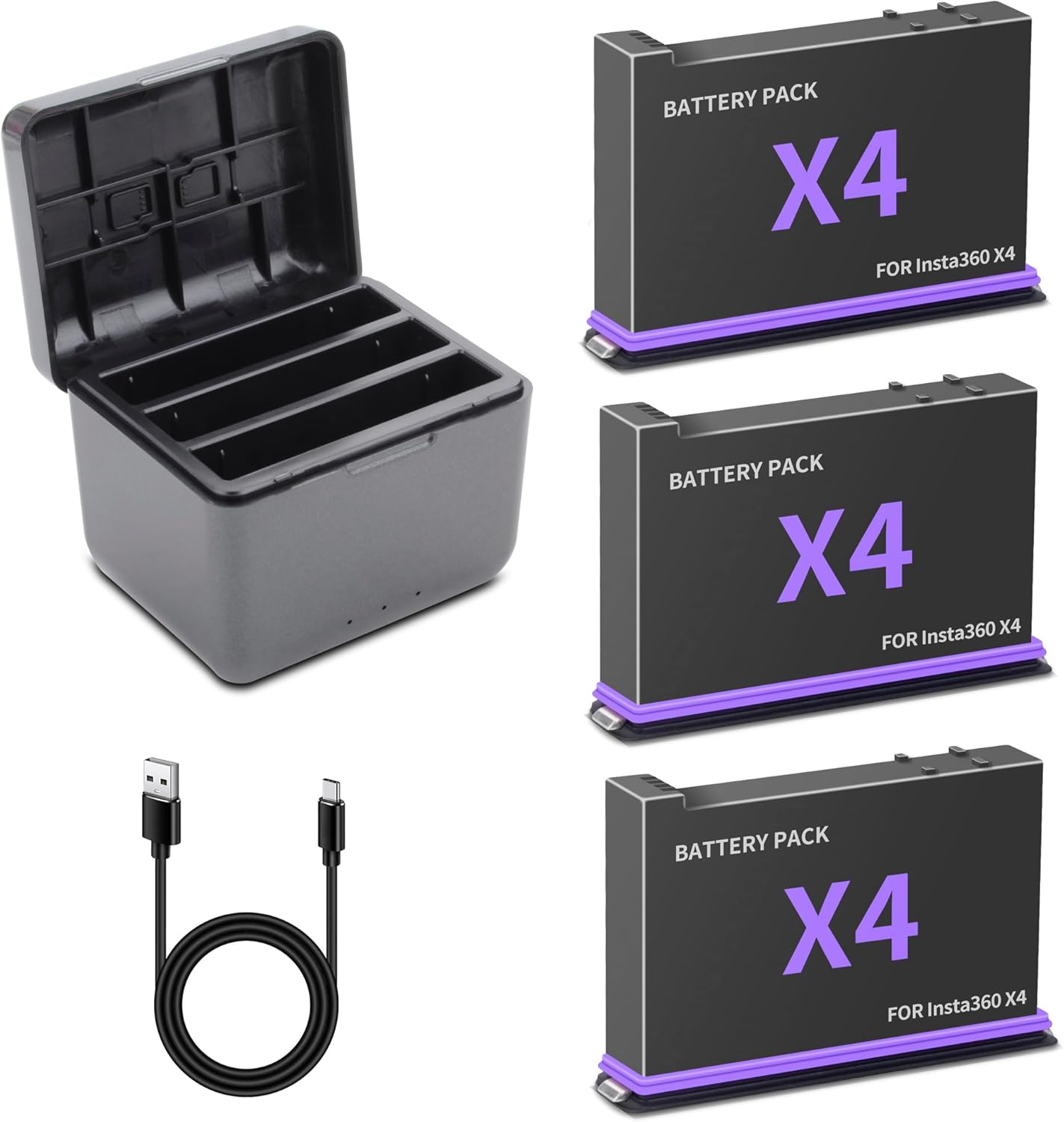 3-Pack 360 X4 Replacement Batteries for Insta360 X4 Camera 2500mAh and Triple LED USB Quick Battery Charger Hub, Replacement Battery Pack Charger for Insta 360 X4 (3 Batteries+ 3-Channel Charging Box)