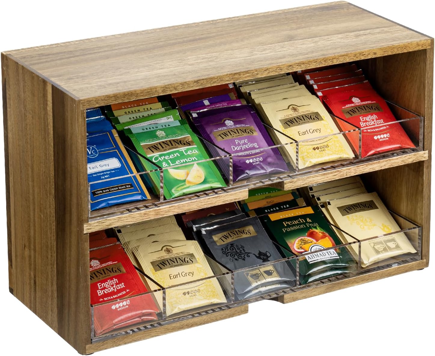 MyGift 2 Tier Tea Bag Organizer Counter, Tea Bag Holder Countertop Display Shelf, Teabag Storage Cabinet with 2 Premium Clear Acrylic 5 Compartment Drawer-Style Trays, Acacia Solid Wood