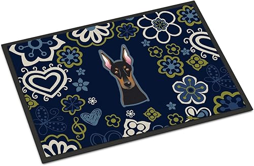 Miniatura 280 de Caroline's Treasures BB1449JMAT - Tapete de bienvenida de carlino negro, 24 x 36 pulgadas, tapete azul para puerta delantera, para interiores