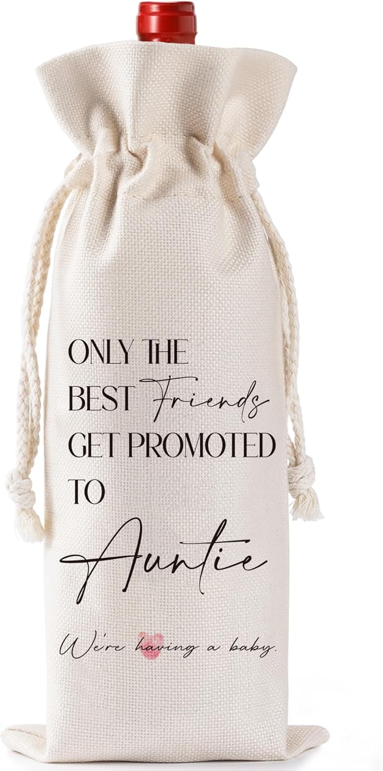 Pregnancy Announcement Wine Bag Gift - Funny New Mom Dad Pregnancy Reveal Gifts for Auntie Sister Friends, Double Sided Reusable Burlap Drawstring Wine Bag for New Baby Announcement Baby Shower