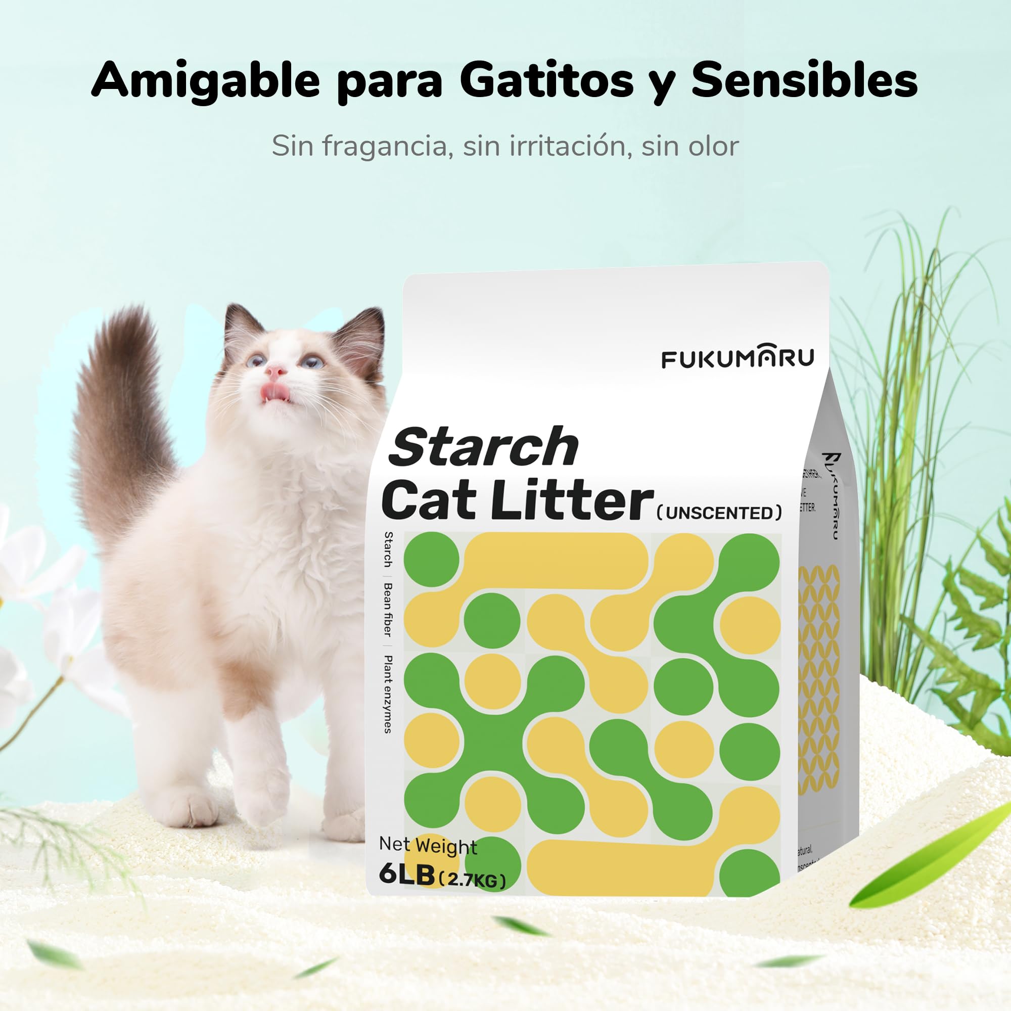 FUKUMARU Yuca Arena para Gatos 10.8kg– Fuerte aglomeración, Ingredientes Vegetales, Fondo Antiadherente, sin Polvo, sin Perfume para un excelente Control de olores