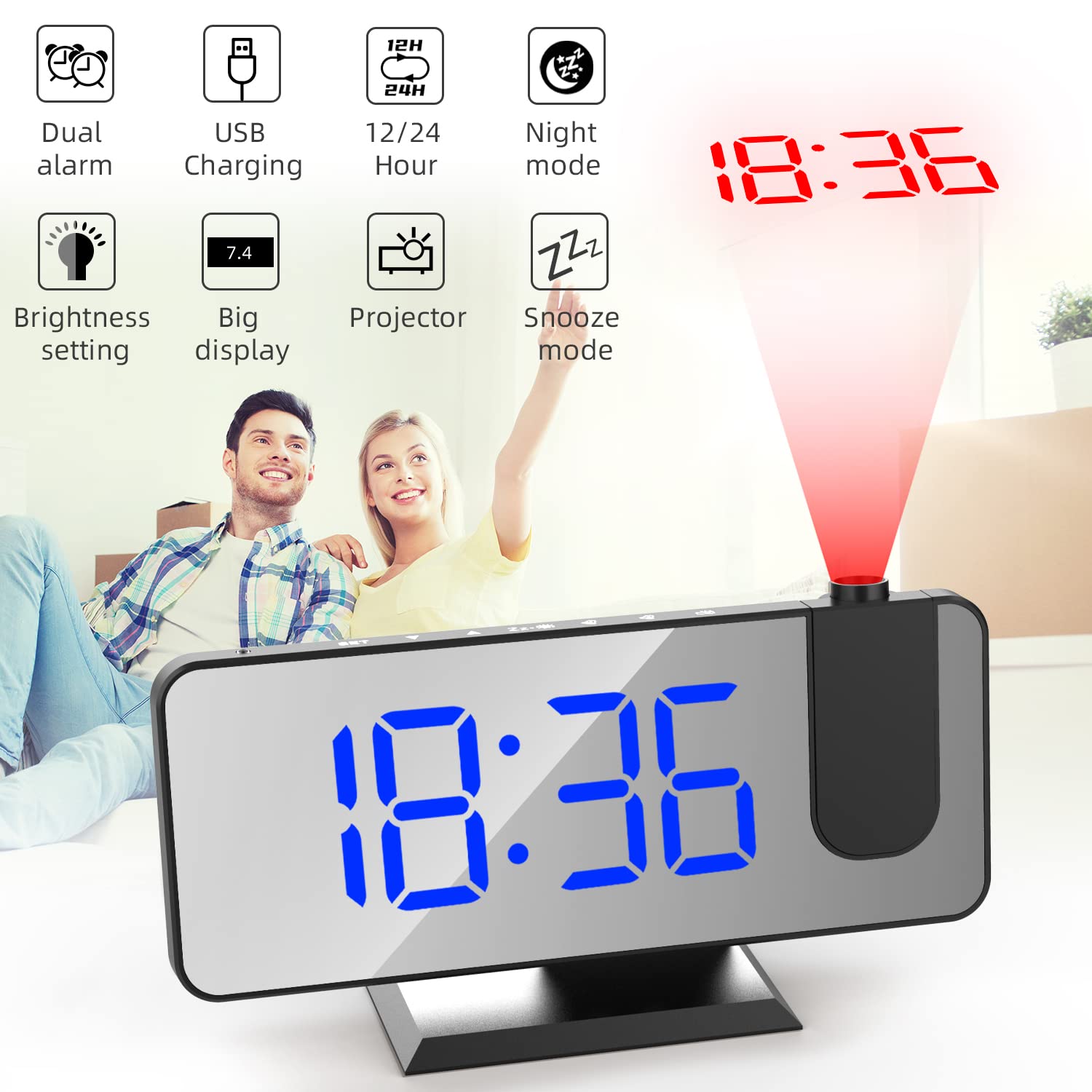 Sveglia con proiezione Orologio digitale da comodino con proiettore a 180° 7,4 '' Ampio schermo a specchio Display Porta di ricarica USB 4 livelli Luminosità Dimmer Snooze Dual Alarm Setting