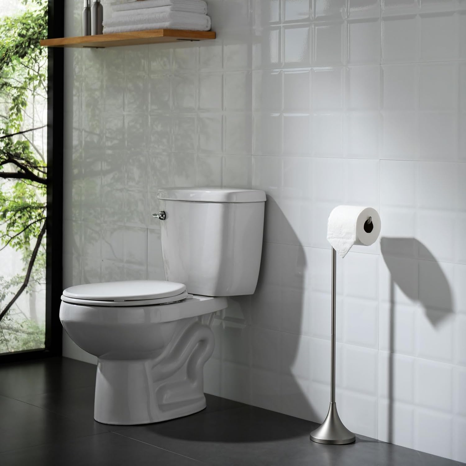 simpletome Toilet Paper Holder Free Standing, Stable Weighted Base, Modern Simple Streamlined Design (Nickel Grey)