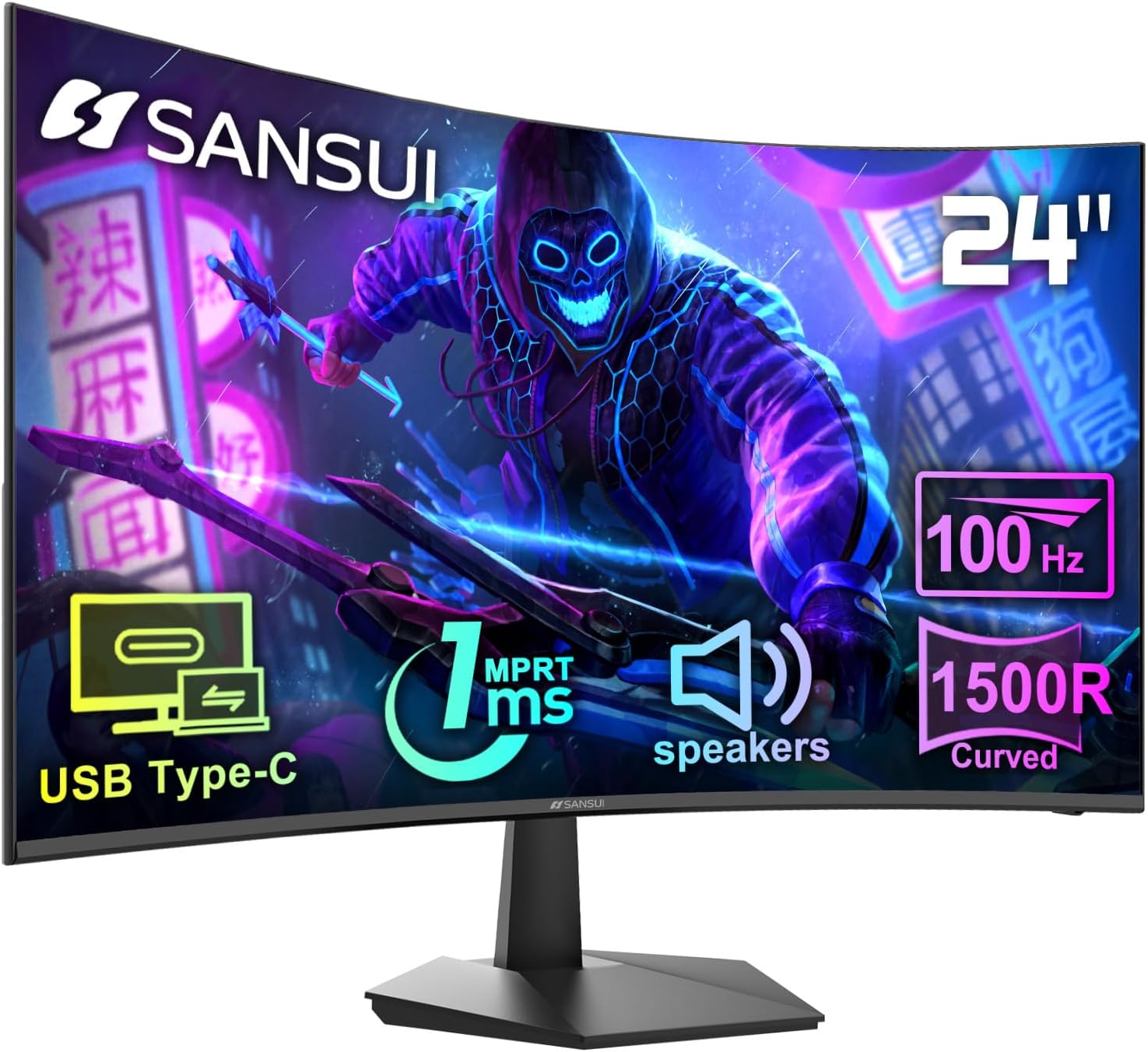 SANSUI Curved Monitor 24 inch 100Hz USB Type-C Computer Monitor with Built-in Speakers- MPRT 1ms,Adaptive Sync,HDR,1500R,VESA 75x75mm Compatible, for Home and Office(ES-24C1) 27"/100Hz/USB-C/Speakers 24"/100Hz/USB-C/Speakers