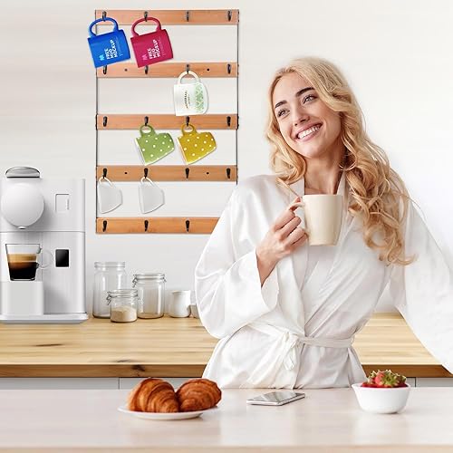 Miniatura 2 de Aomomery Estante para tazas de café, soporte rústico para tazas de café, soporte de pared de bambú con 20 ganchos organizadores de tazas, gran