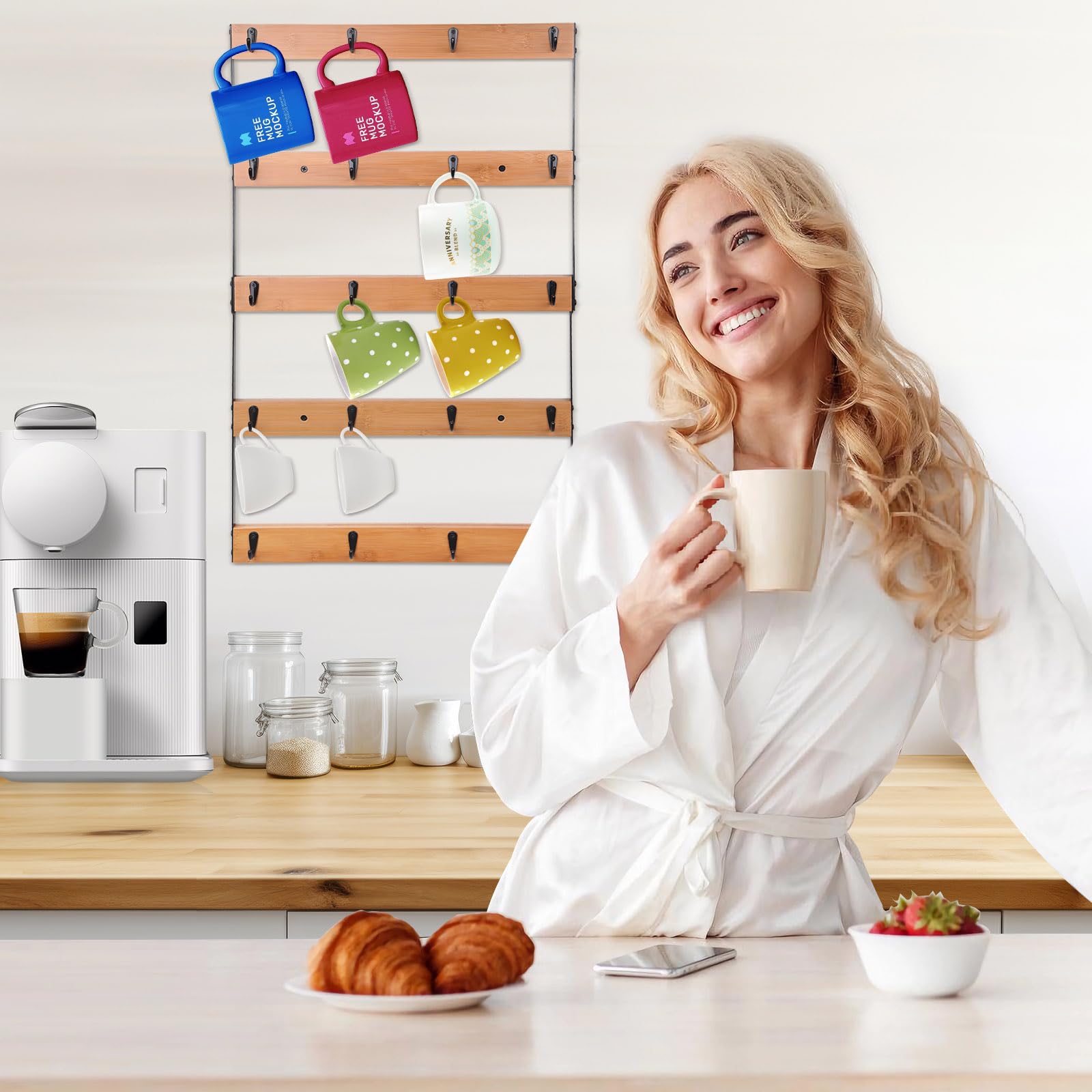 wall mounted coffee mug holder, large 5 tier shelf with 20 hooks for cups, rustic wooden display rack for kitchens, homes and bars (bamboo)