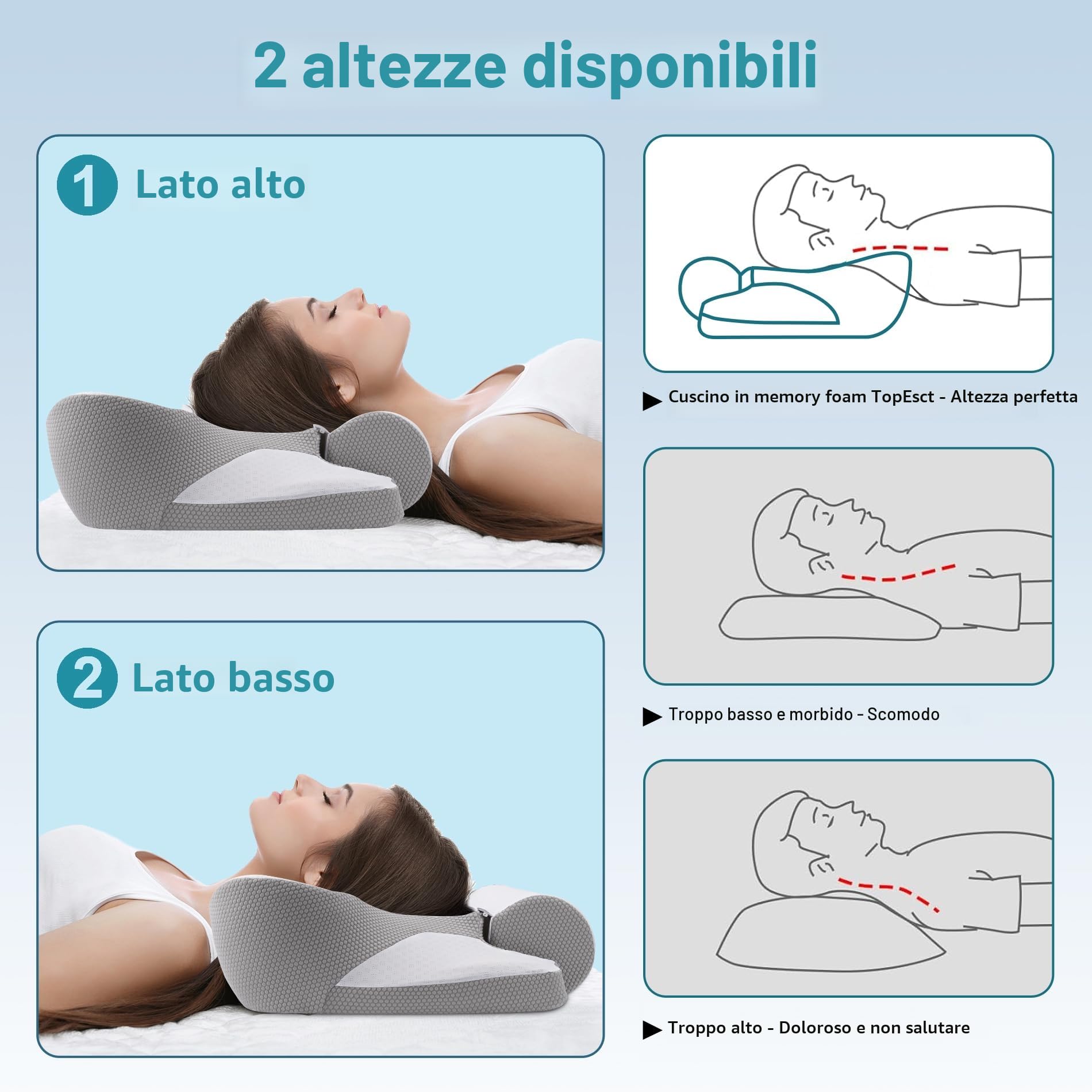 TopEsct Cuscino Cervicale per Dormire, 2 in 1 Cuscino Ergonomico Memory Foam Cervicale, Cuscino Cervicale & Cuscino Cilindrico (Grigio)
