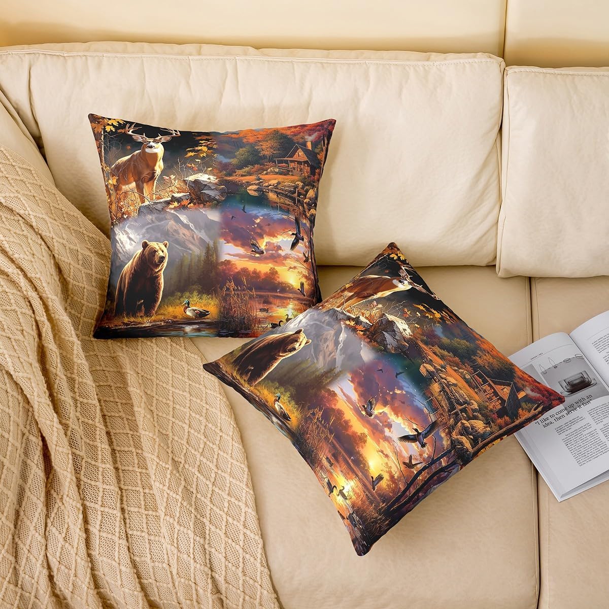 Hunting Animals Throw Pillow Cover 24"x24" Wild Bear Deer Duck Pillow Cases Adventure Cabin Cushion Cover Autumn Maple Leaves Pillow Cover for Couch Sofa Bed,Single Pack