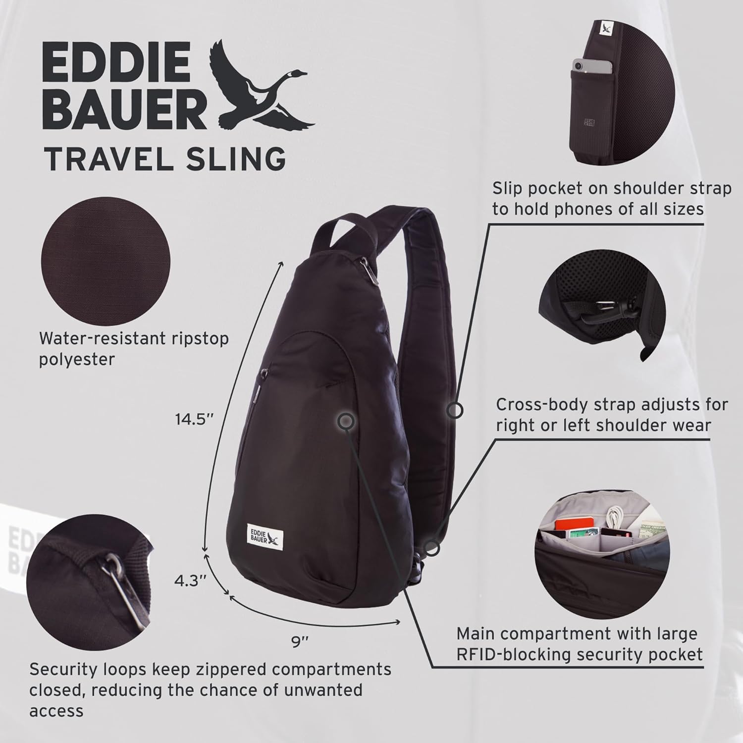 Eddie Bauer Travel Sling Bag | RFID-Blocking | Security | Lightweight | Crossbody | Vacation | Everyday Carry | Backpack - Image 3