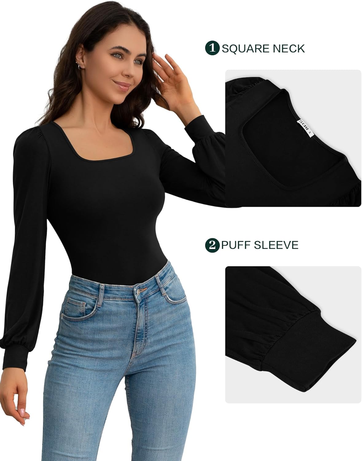 CLOZOZ Square Neck Womens T Shirts Puff Sleeve Shirts for Women Long Slim Fitted Tee Tops - Image 4