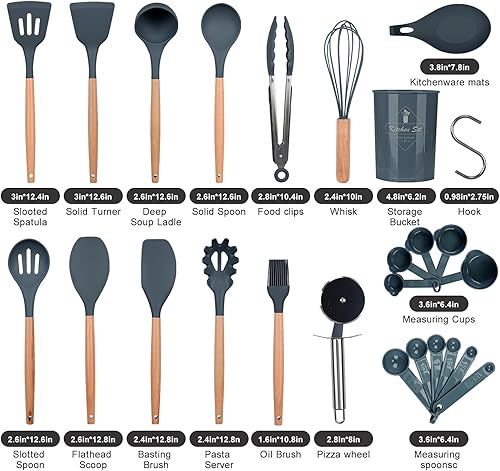 Miniatura 2 de ONATISMAGAIN - Juego de utensilios de cocina de silicona, 35 piezas, resistentes al calor, antiadherentes, con mango de madera, adecuados para