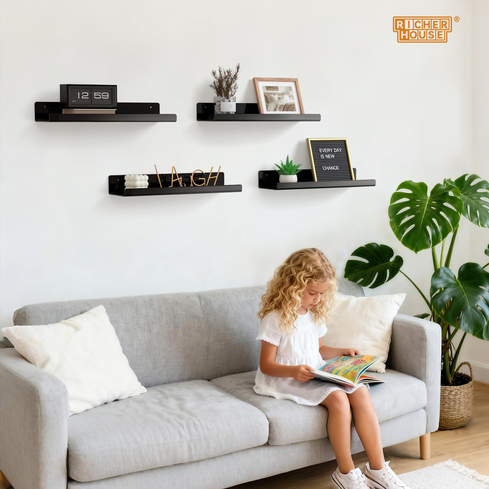 RICHER HOUSE Paquete de 6 estantes flotantes de acrílico negro para pared, estante de baño sin taladro, doble montaje (adhesivo o tornillos) para discos de vinilo, cosméticos, estantes de decoración