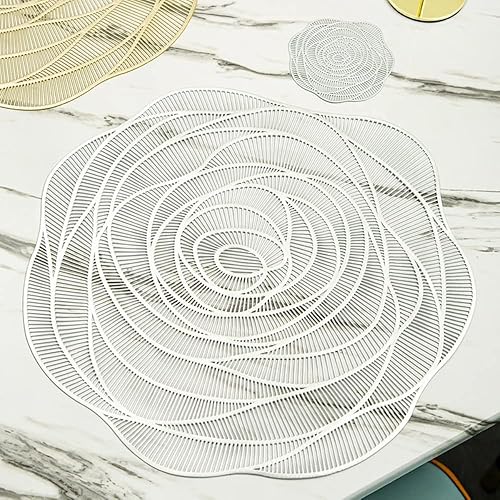 Rlmiesy 6 juegos de manteles individuales y posavasos huecos para mesa de hogar, tapete protector decorativo de vinilo antideslizante (plateado-rosa)
