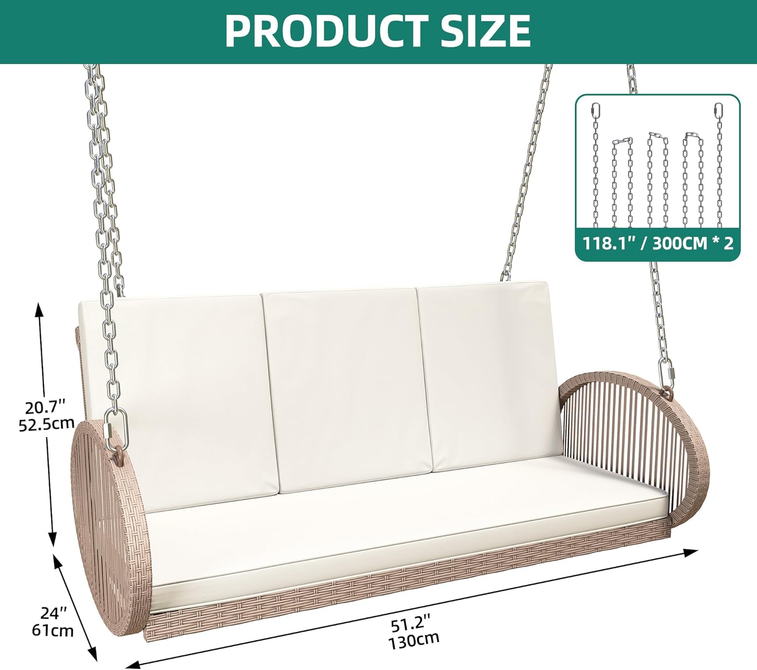 Diagram showing product dimensions and chain length