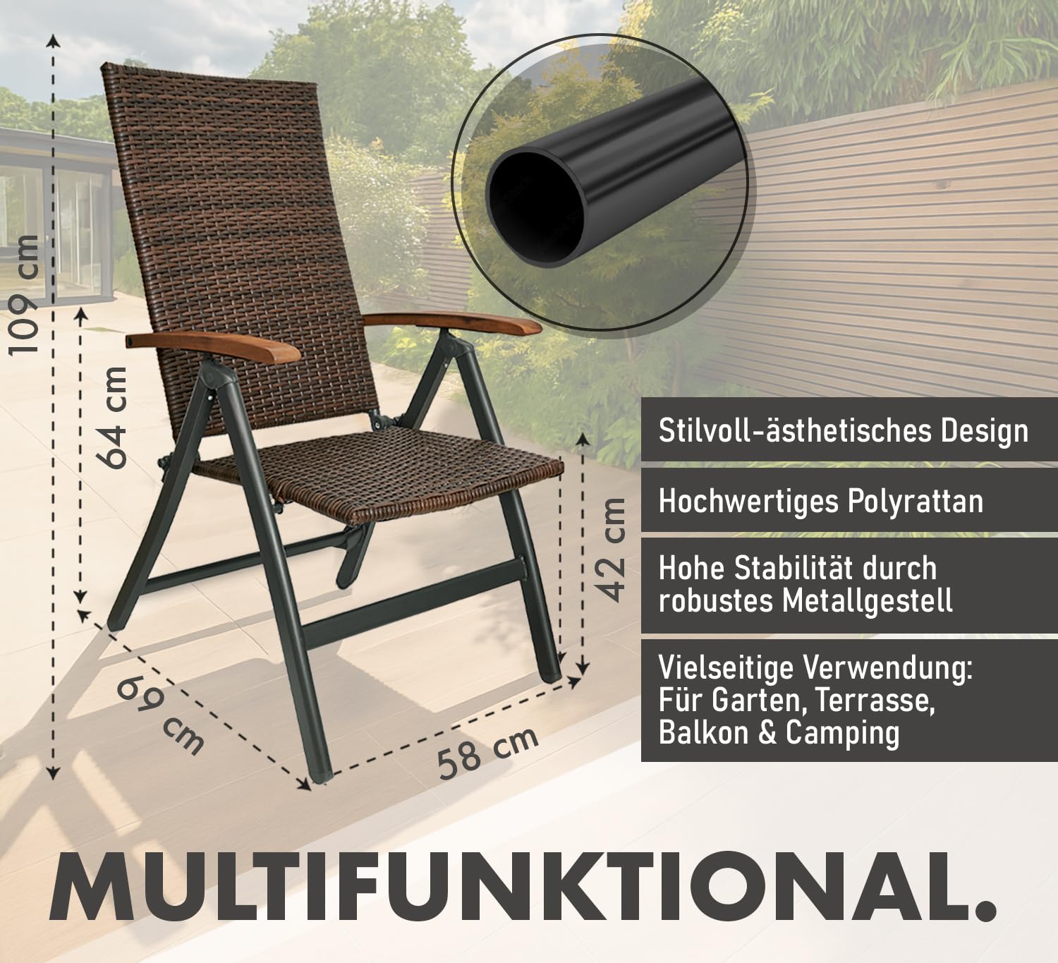 BRUBAKER 2er Set Polyrattan Gartenstuhl Modena - Hochlehner aus Metall und Poly Rattan klappbar - 7-Fach verstellbare Rückenlehne - wetterfester Faltstuhl/Klappstuhl - Braun Grau