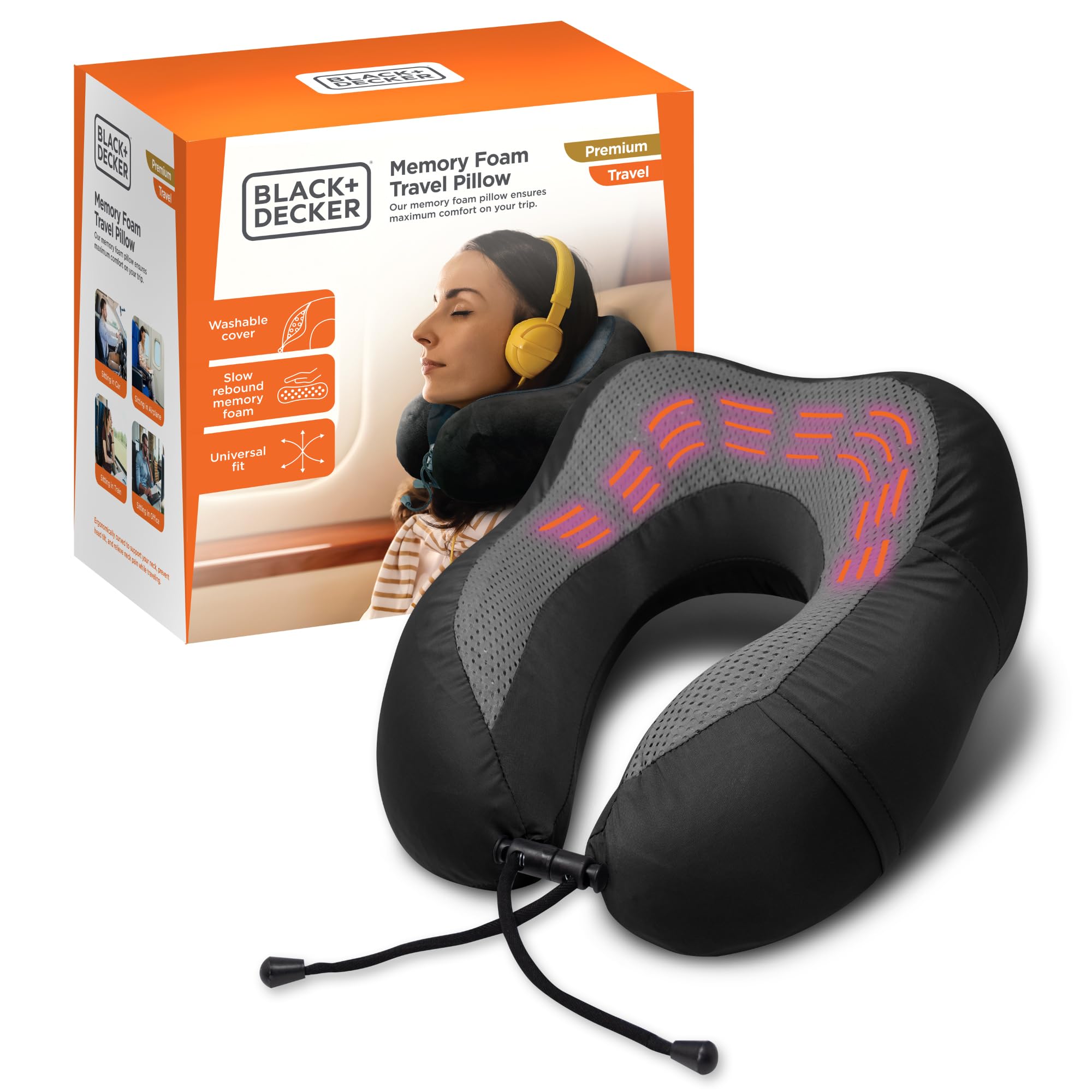 BLACK+DECKER Cooling Gel Memory Foam Neck Pillow – Travel Pillow for Plane, Car & Train – Ergonomic Neck Support, Slow Rebound Memory Foam, Washable