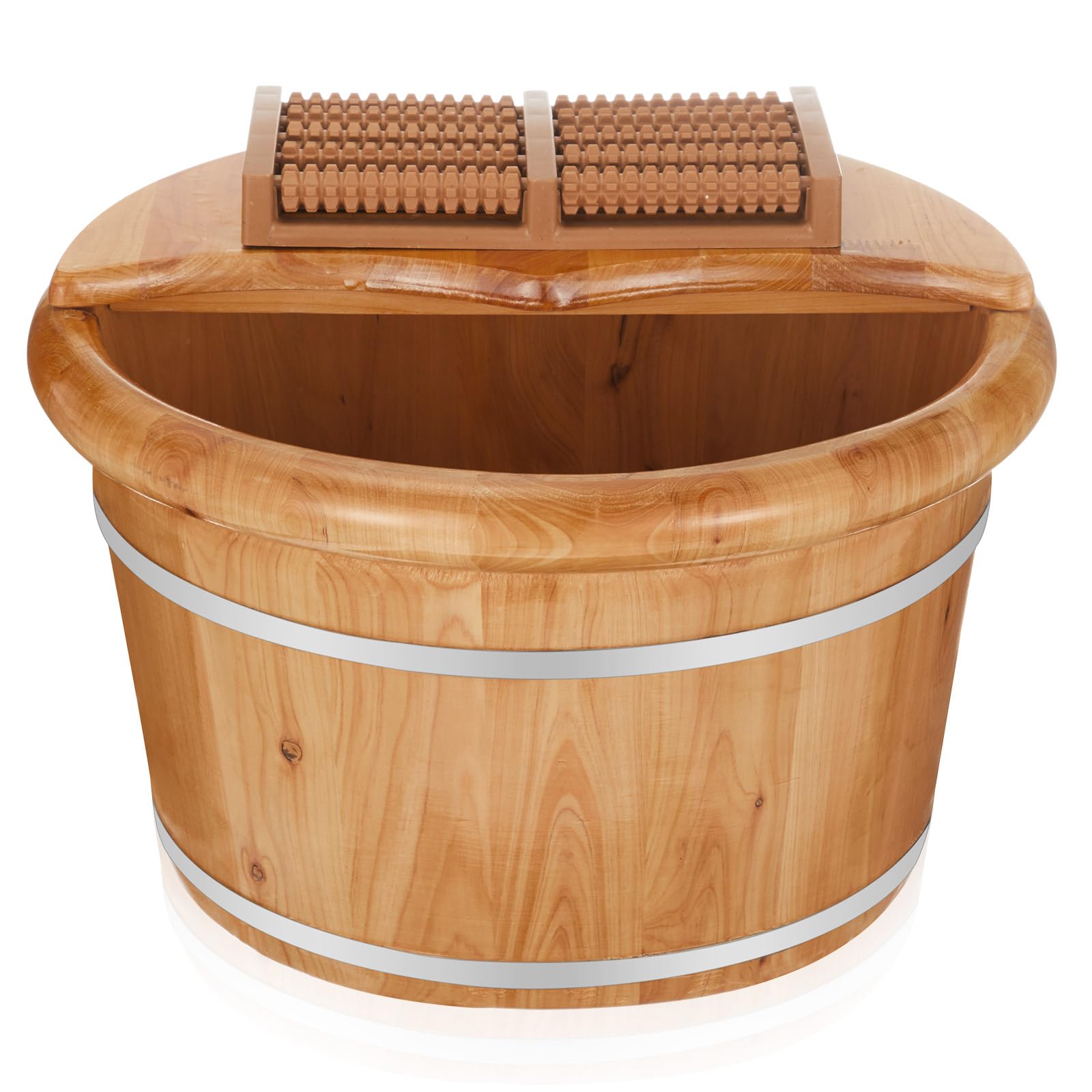Geelin Seau de bain de pieds en bois de 26 cm de haut avec rouleau de massage et couvercle, bassin à pieds en bois épais isolé pour la relaxation, les semelles de massage, convient pour les familles