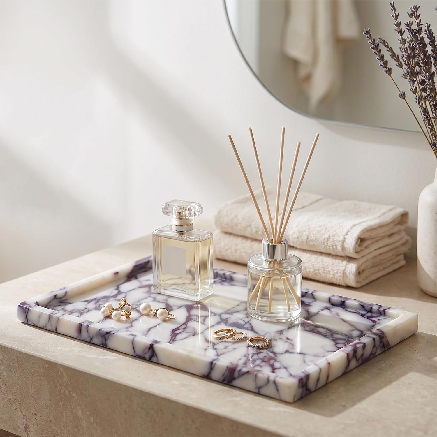 100% Natural Luxury Marble Tray.Marble Storage Tray, Suitable for Bathroom/Kitchen/Dressing Table/Cosmetics, Perfume, and Jewelry Display (Calacatta Violet, 12" x 8" x 0.7")
