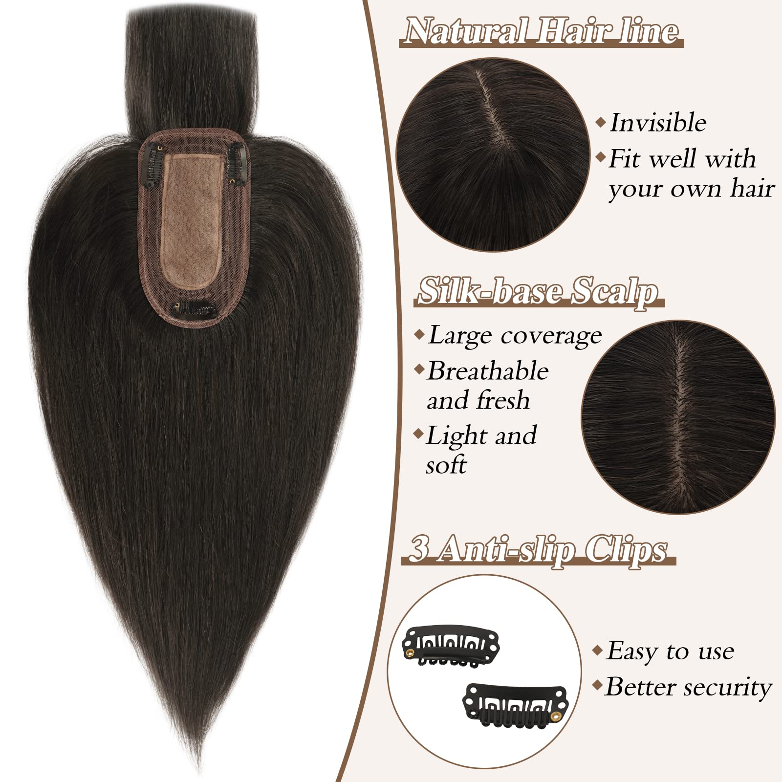 RUWISS Top centrale per capelli veri con frangetta,Corona Topper Clip per Le Donne per diradare i capelli7.5 * 13CM Base di seta 100% capelli umani veri Clip in Topper 30cm 40g Nero naturale