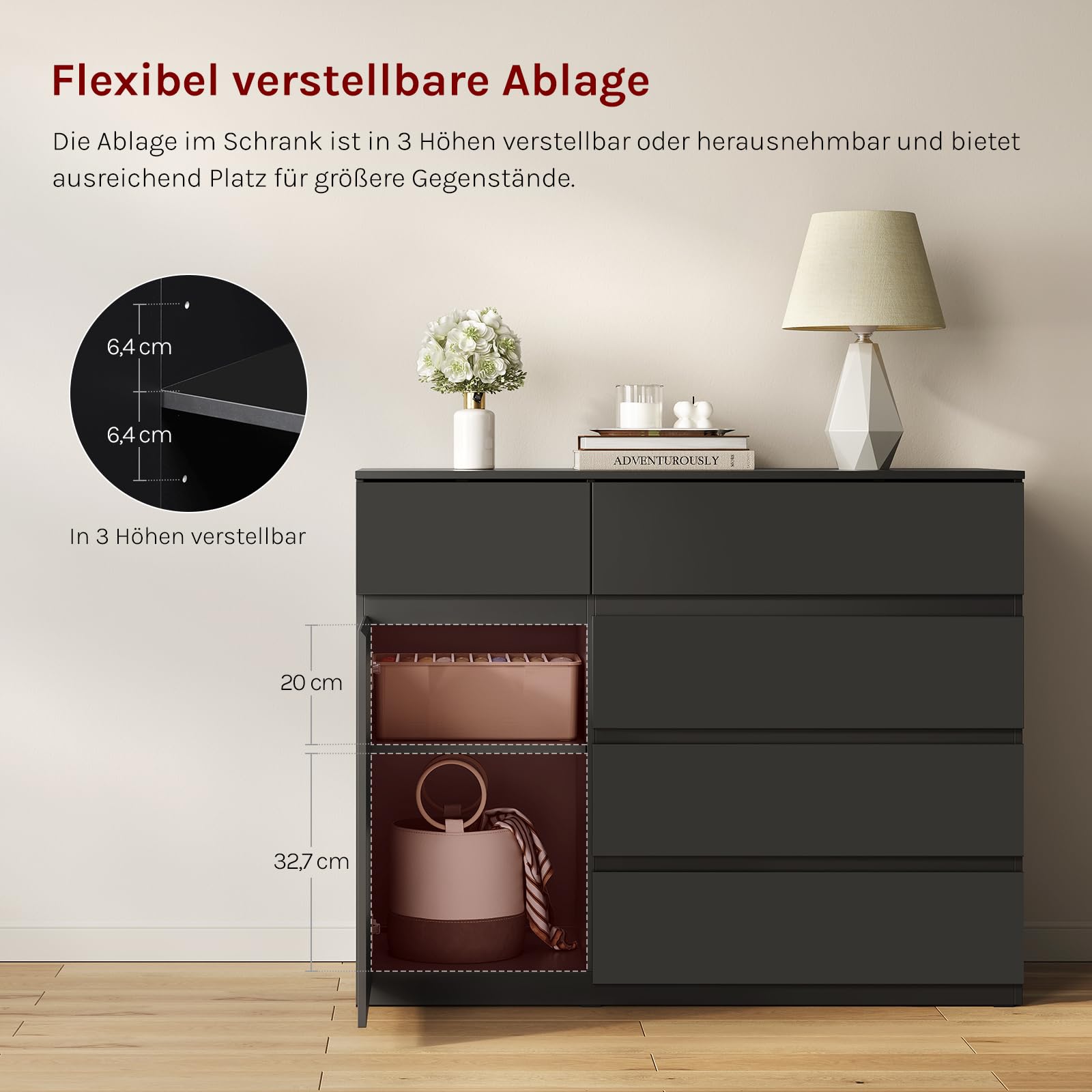 WOLTU Kommode schwarz, mit 5 Schubladen, 1 Schranktür, Moderner Schubladenschrank mit Verstellbarer Ablage, für Wohnzimmer Schlafzimmer Flur, 100 x 80 x 40 cm