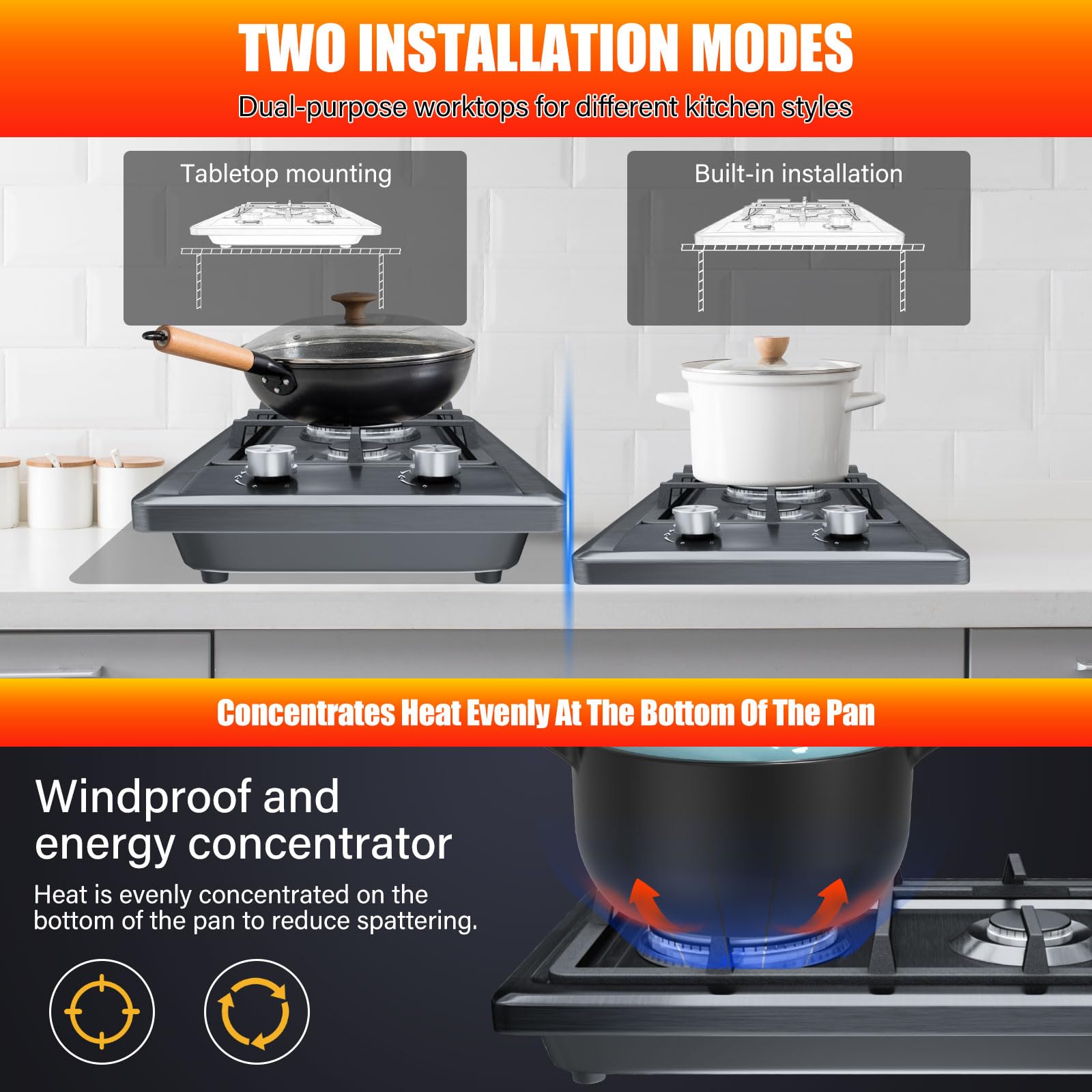 Gas Hob,Built-in Stainless Steel Gas Hob 2 burners with Flame Failure Protection,Cast iron grille,Power cable110cm/43in,Cast Iron Pan Support,LPG/NG Kit,51cm x 31cm — view 6
