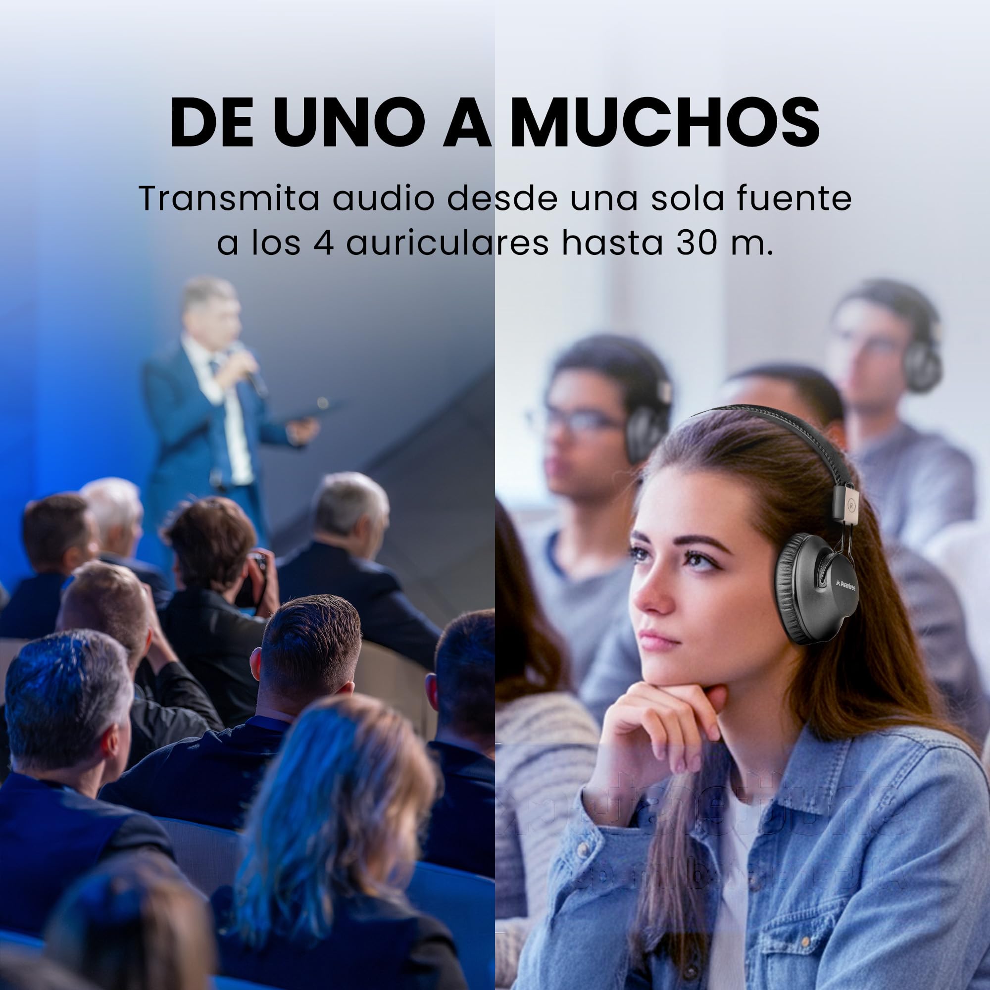 Avantree Quartet 2 - Sistema de Escucha en Grupo inalámbrico Compatible con Bluetooth para TV, Discoteca silenciosa, Baja latencia y Voces claras - Conecte múltiples Auriculares a teléfono, PC, TV