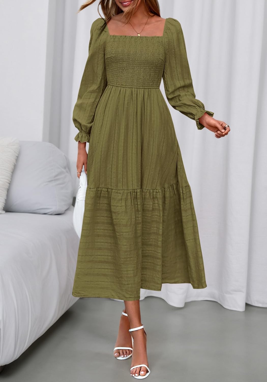 BTFBM Women Maxi Fall Dresses 2025 Long Sleeve Solid Color Square Neck Smocked Boho Long Wedding Guest Dress - Image 4