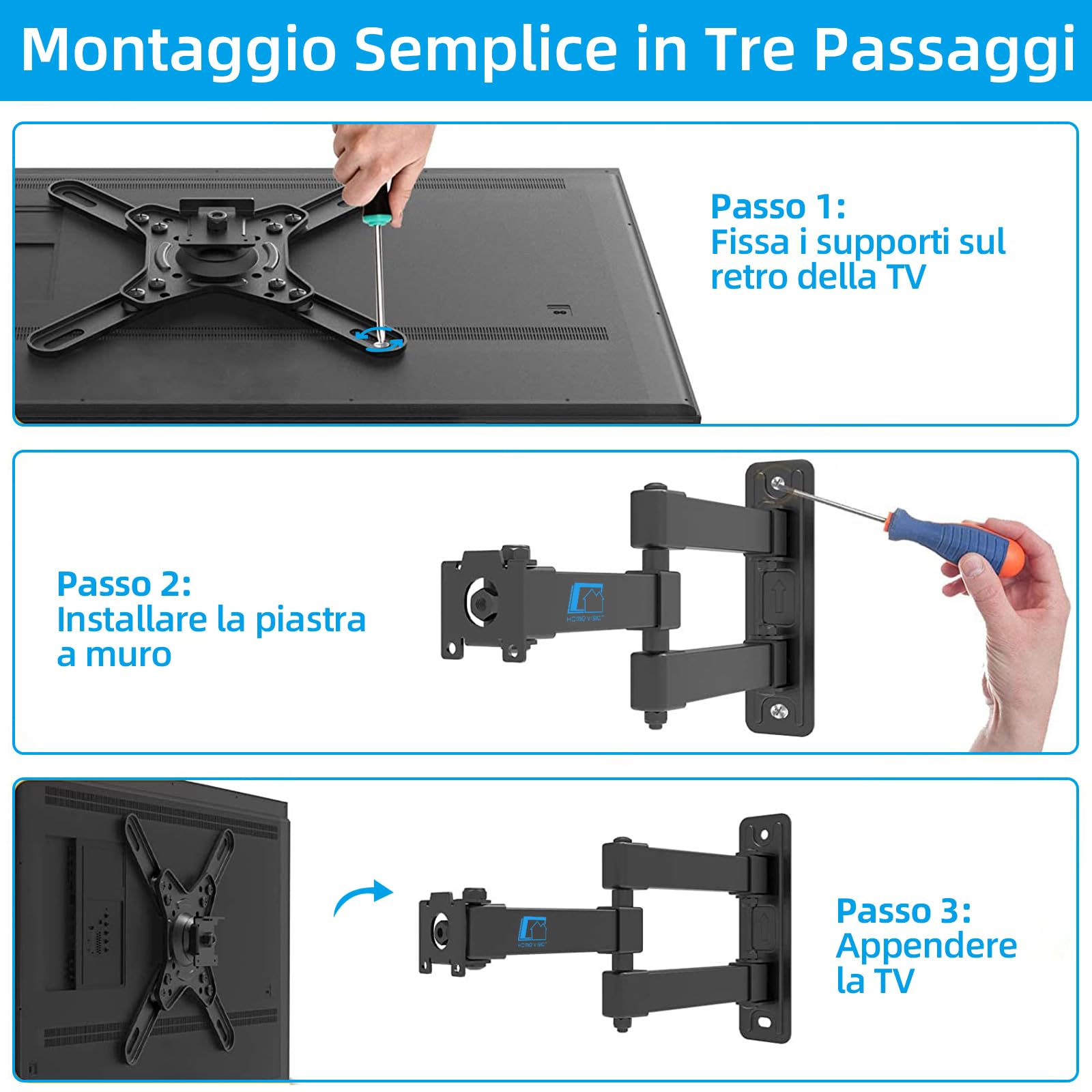 HOME VISION Supporto Tv Parete Orientabile Da 17-42 Pollici, Monitor Tv, Staffa Di Rotazione Per L'Estensione Del Supporto Da Parete Fino A 20 Kg Max Vesa 200x200 Mm Per Echo Show 15 Alexa