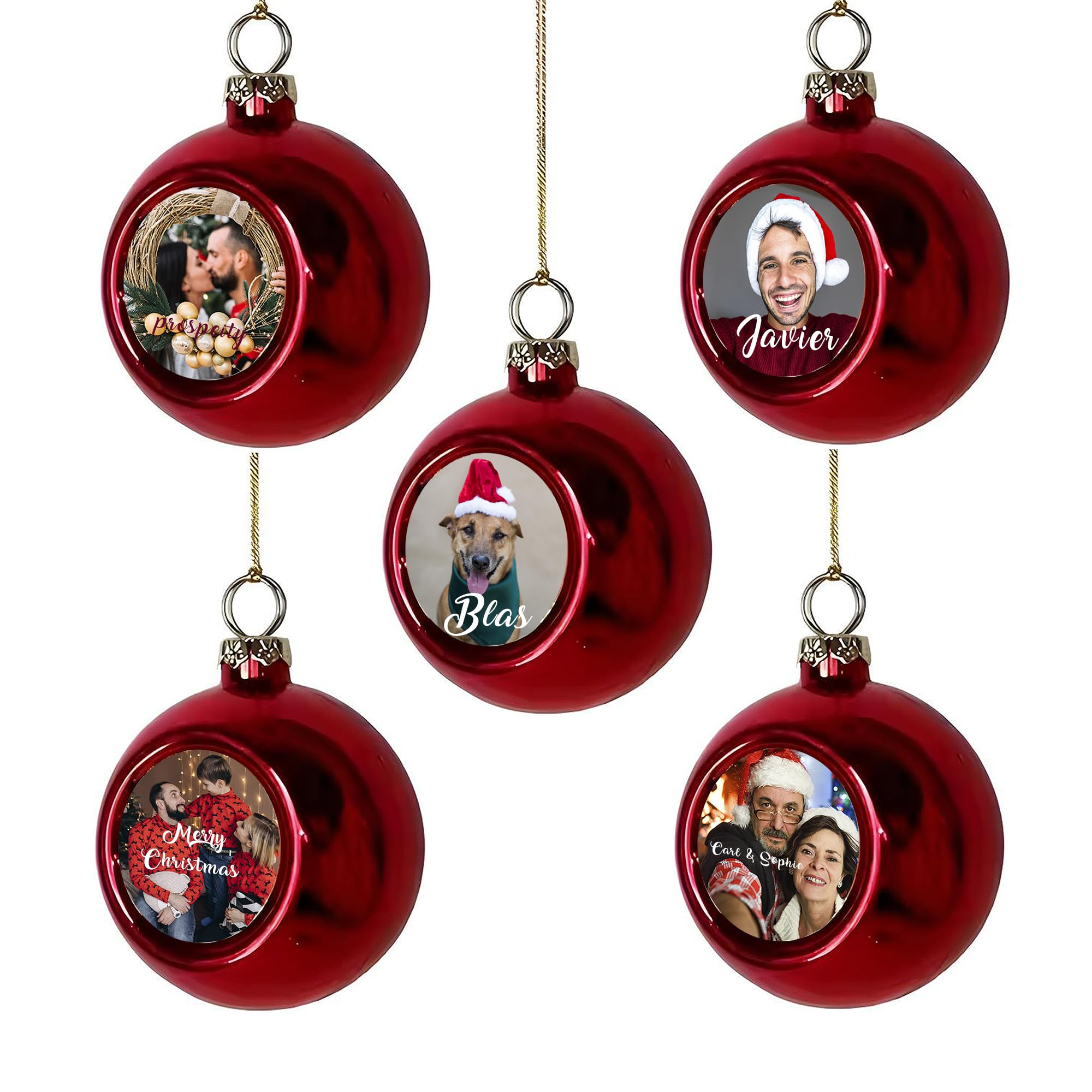 Pack 5 Bolas de Navidad Personalizadas con Foto y Texto. Adornos para Árbol Navidad. Decoración Exclusiva con Nombre. Bolas Originales y Únicas para Decorar Esta Navidad. Colgantes Arbol de Navidad