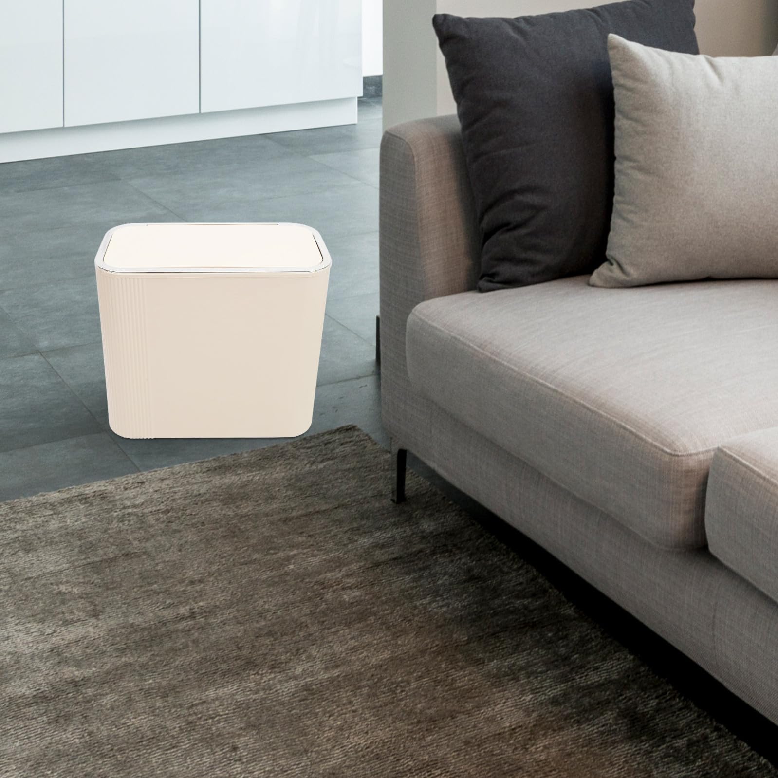 Cestino per Rifiuti in Pet con Coperchio per Ufficio e Camera da Letto, Contenitore Spazzatura Beige Riutilizzabile per Interni