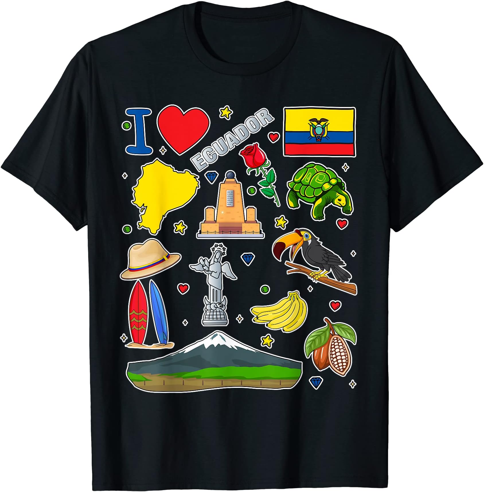 Ecuadorian hand drawn symbols, Ecuador map, cultural icons T-Shirt