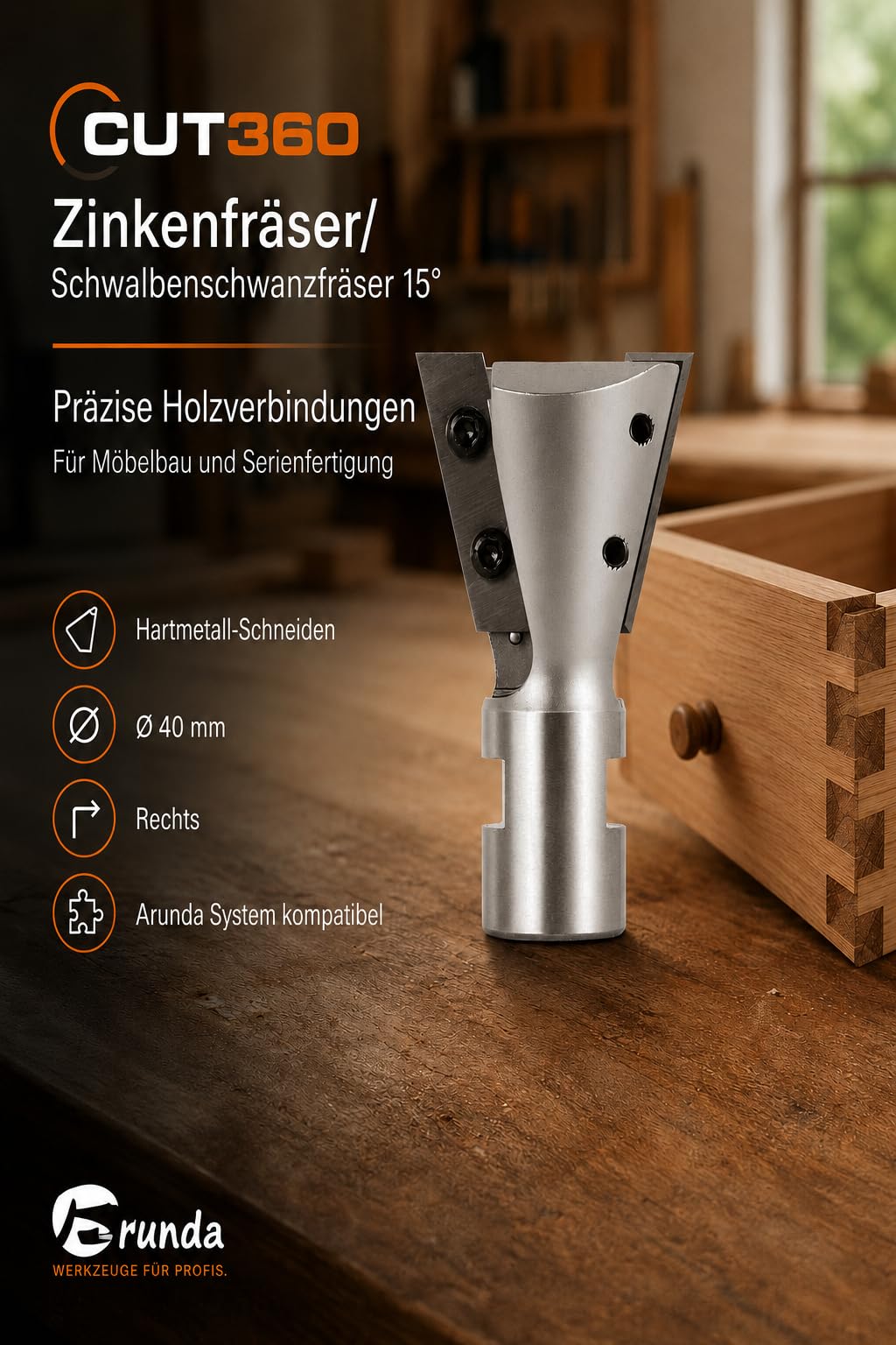 CUT360 - Zinkenfräser/Schwalbenschwanzfräser 15° für Arunda® System | Ø 40 HM, rechts | AL 31,5 mm, GL 65,5 mm | Schaft M12x1 | inkl. Wendemesser | Wendeplatte 901.315.09.00