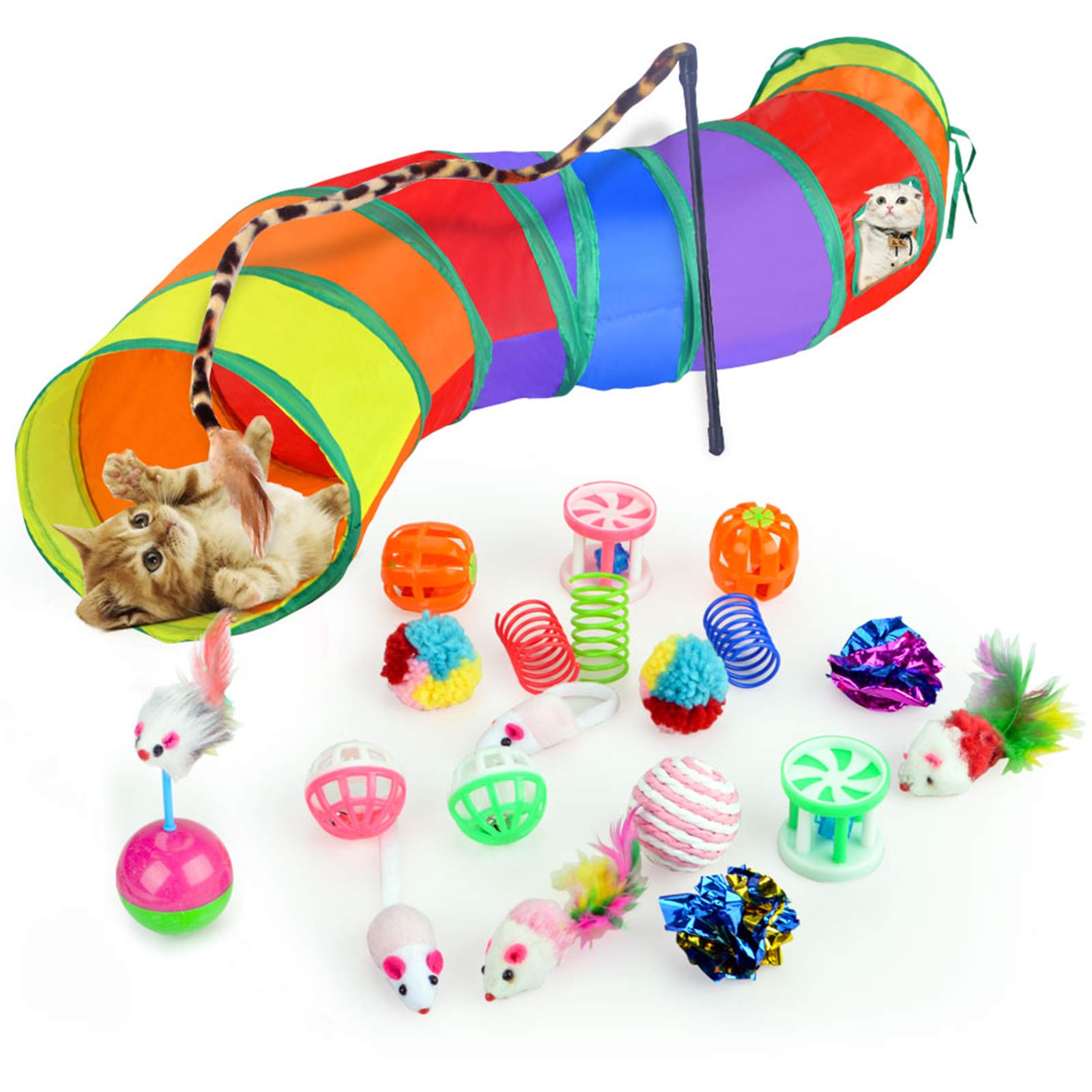 GreeSuit Juguetes para Gatos, Set di Juguete Interactivo para Gatos, Set di Juguetes Gatos con Túnel, Gatos Juguetes Palo, Juguetes Gatos Tunel, Juguetes para Gatos Plumas de Interior